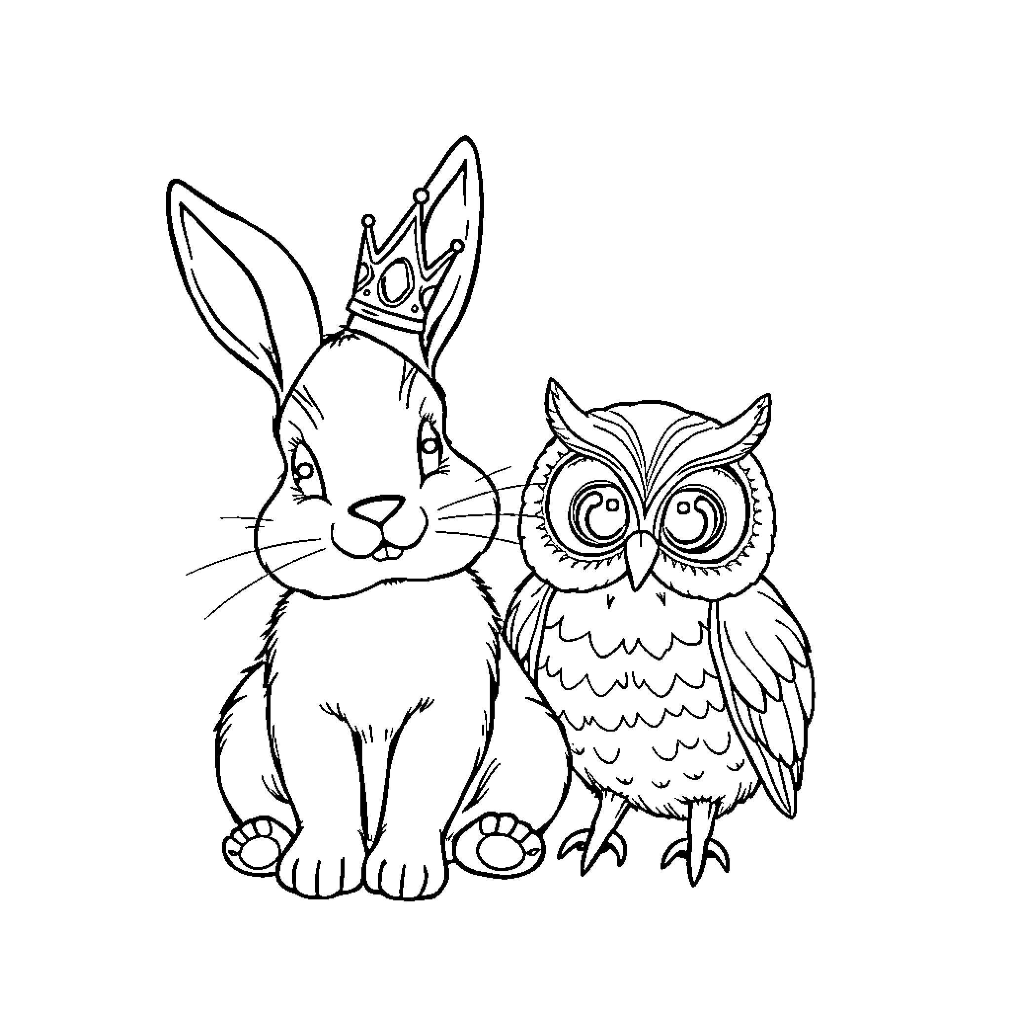 Bunny and owl in whimsical dress-up Coloring Page (free black-and-white line drawing printable PDF for all, from beginners to advanced learners, including children, teens, adults, and seniors)