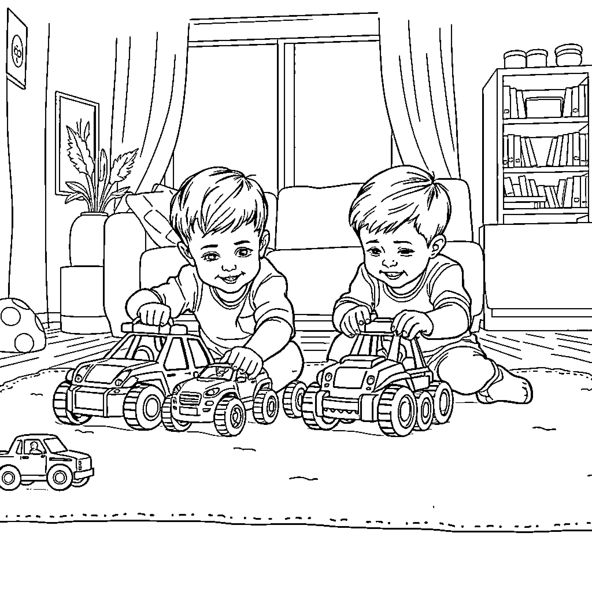 Kids playing with toy cars in living room Coloring Page (free black-and-white line drawing printable PDF for all, from beginners to advanced learners, including children, teens, adults, and seniors)