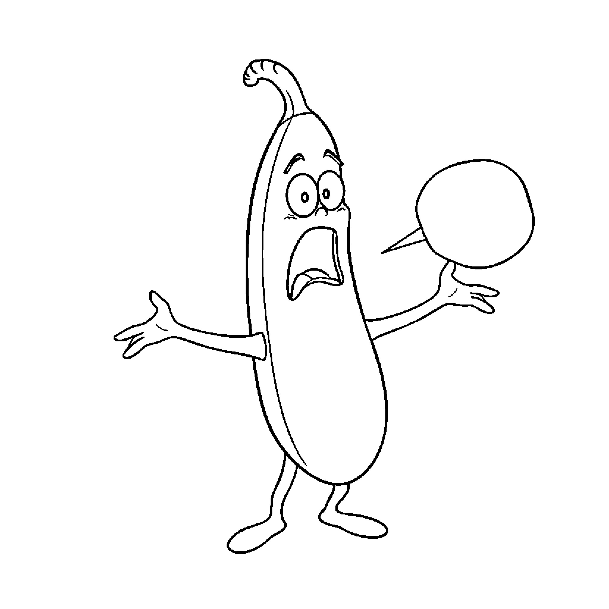Banana excitedly expressing with arms raised Coloring Page (free black-and-white line drawing printable PDF for all, from beginners to advanced learners, including children, teens, adults, and seniors)