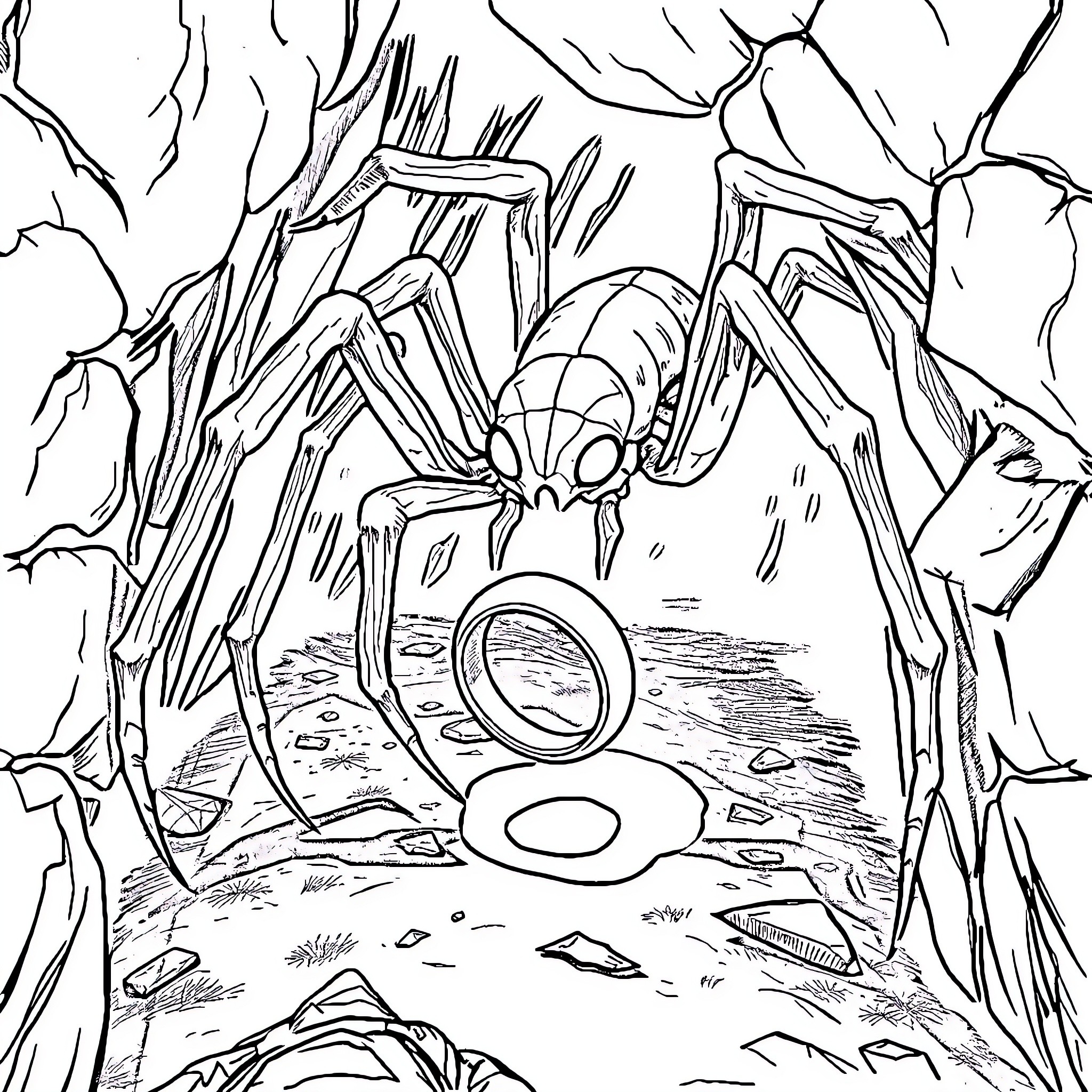 Ghost Spider scuttling through a dark, foreboding cave Coloring Page (free black-and-white line drawing printable PDF for all, from beginners to advanced learners, including children, teens, adults, and seniors)