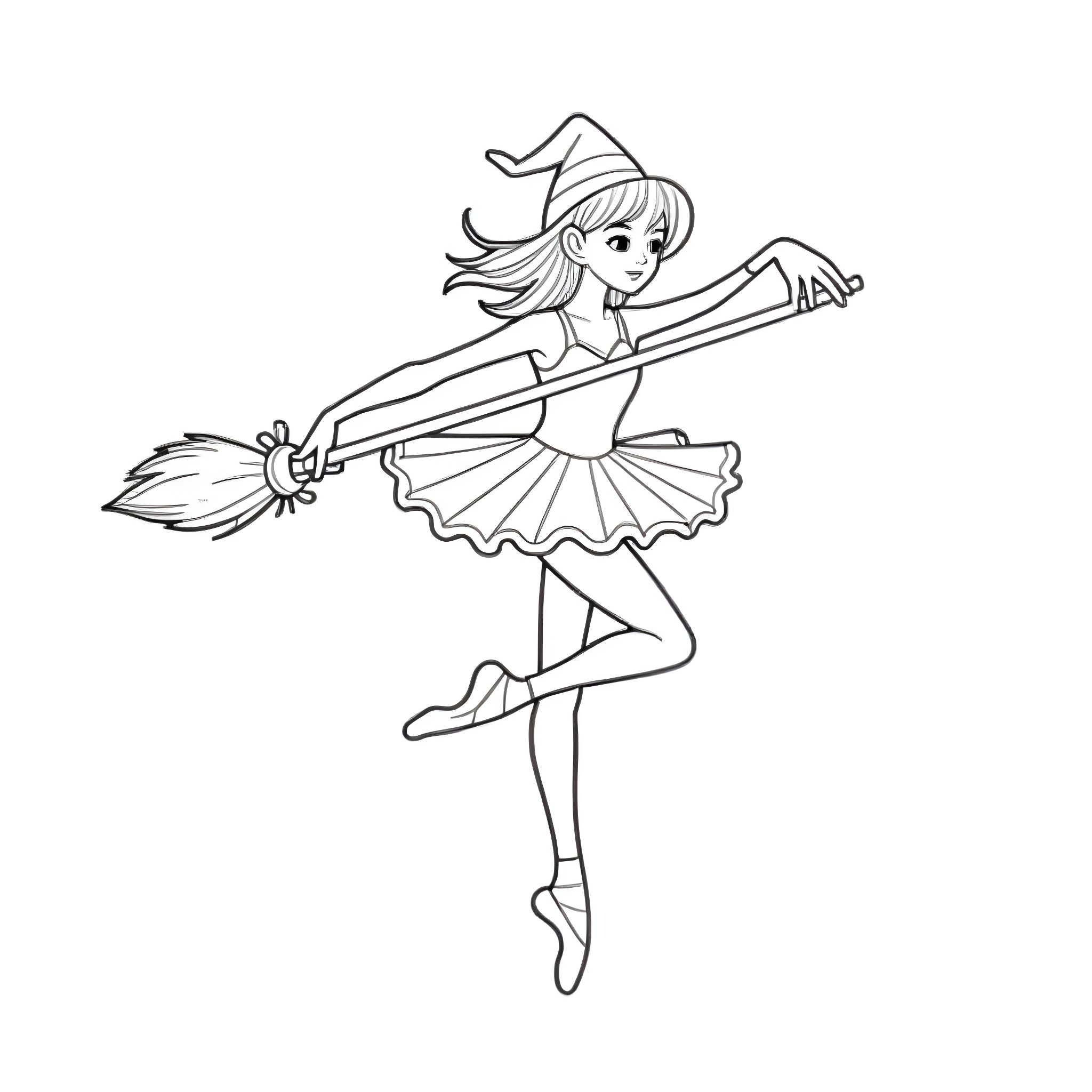 Ballerina dancing gracefully with a broom Coloring Page (free black-and-white line drawing printable PDF for all, from beginners to advanced learners, including children, teens, adults, and seniors)