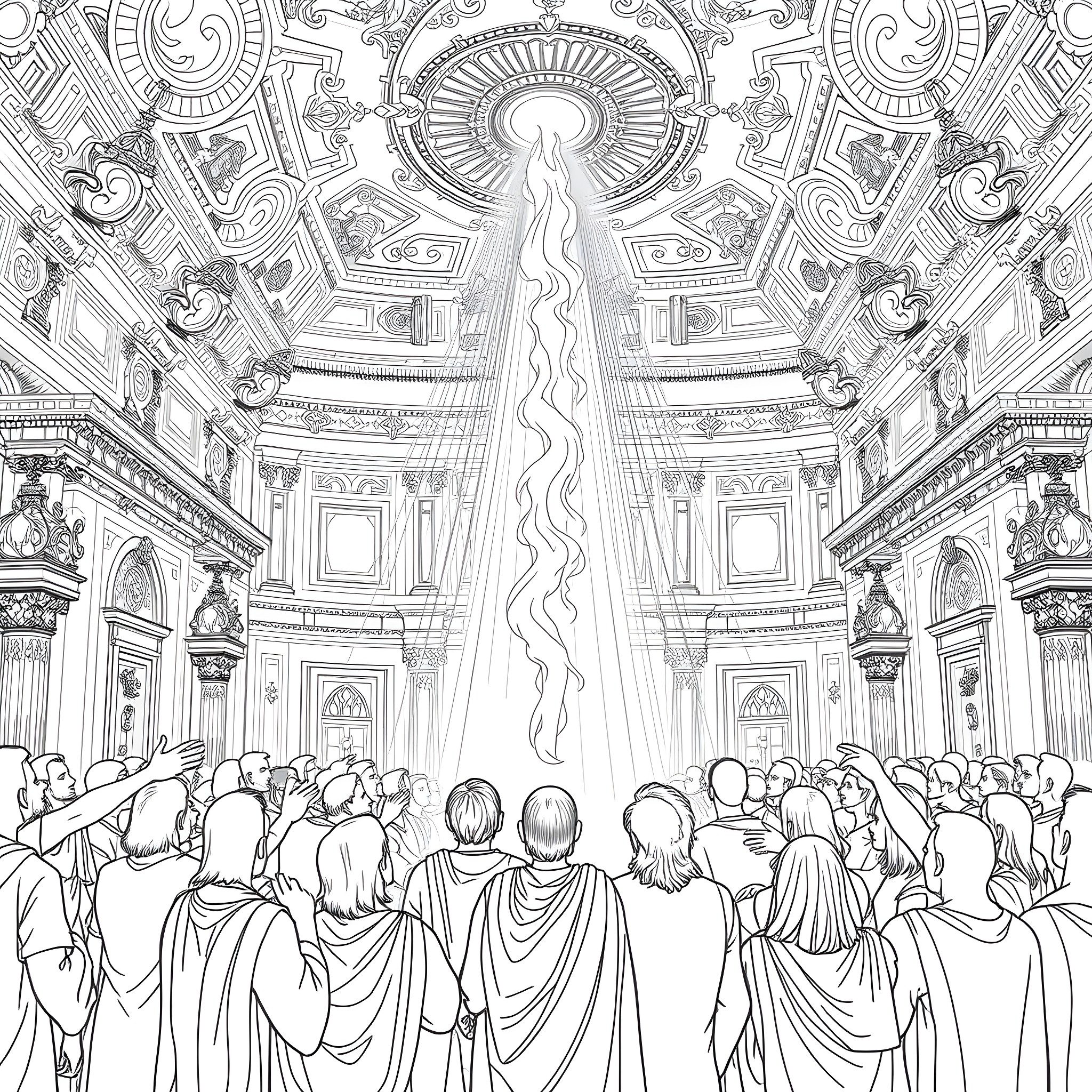 Holy Spirit Descending Upon the Congregation in an Ornate Cathedral Coloring Page (free black-and-white line drawing printable PDF for all, from beginners to advanced learners, including children, teens, adults, and seniors)
