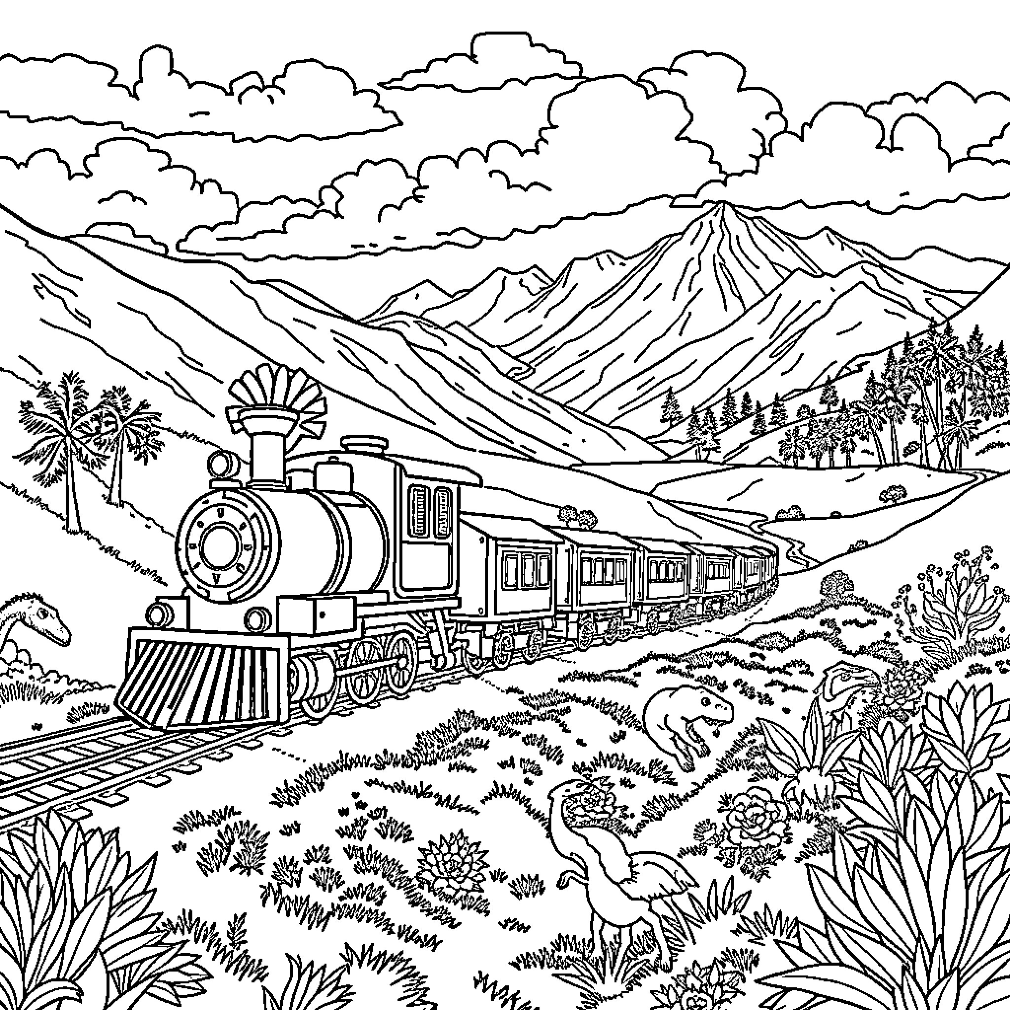 Dinosaur Train Ride Through Scenic Mountain Landscape Coloring Page (free black-and-white line drawing printable PDF for all, from beginners to advanced learners, including children, teens, adults, and seniors)