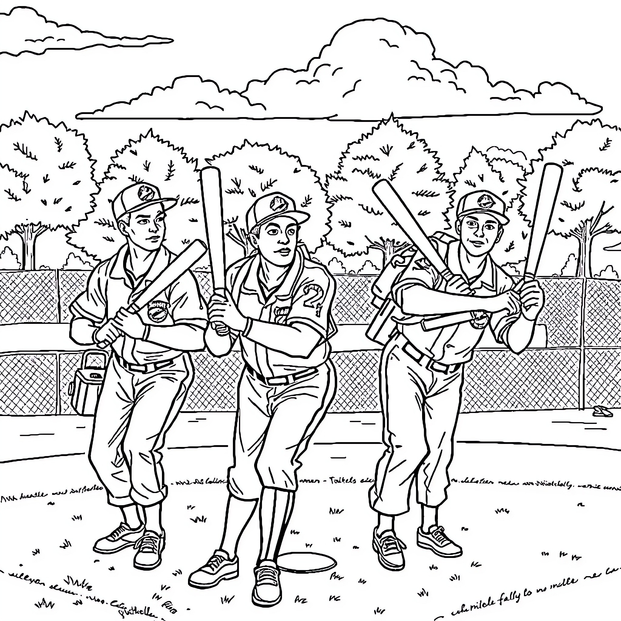 Ghostbusters playing baseball on the field Coloring Page (free black-and-white line drawing printable PDF for all, from beginners to advanced learners, including children, teens, adults, and seniors)