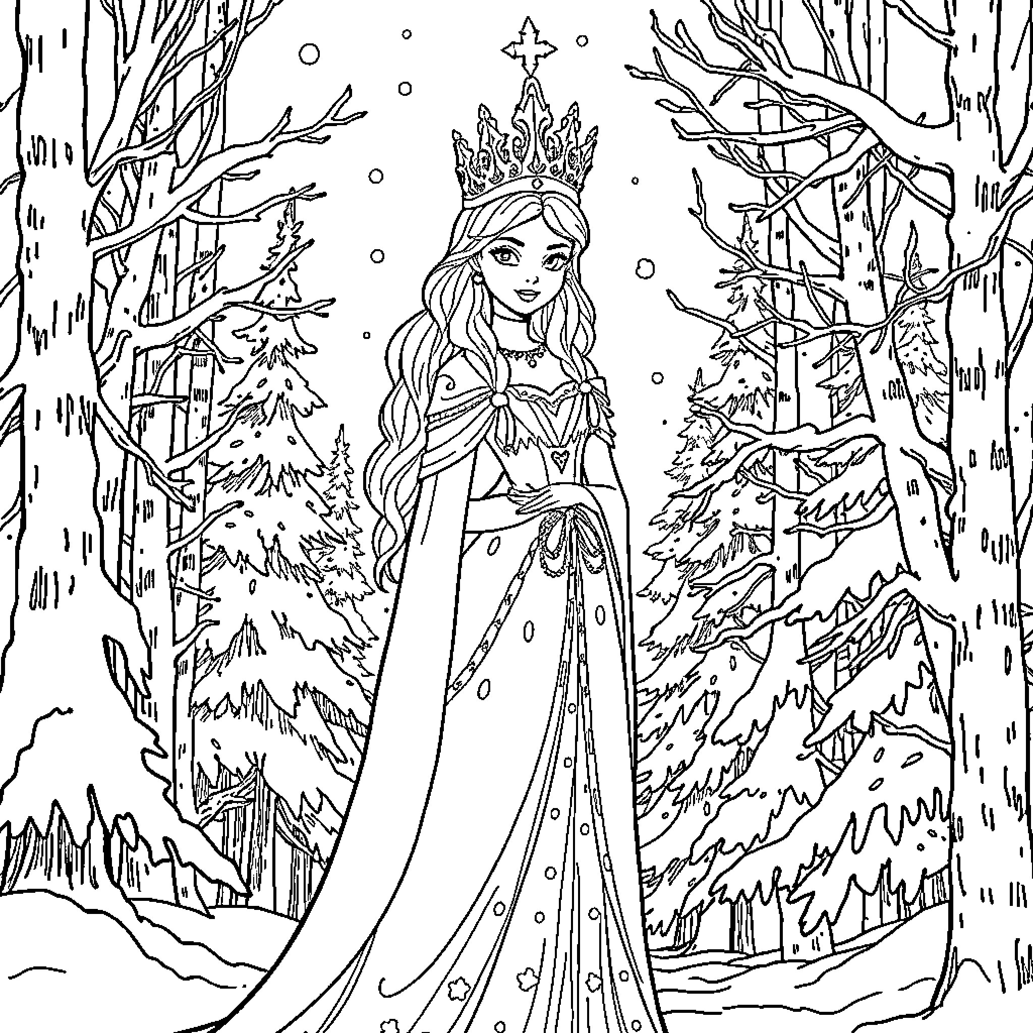 Snow Queen in a Winter Wonderland Coloring Page (free black-and-white line drawing printable PDF for all, from beginners to advanced learners, including children, teens, adults, and seniors)