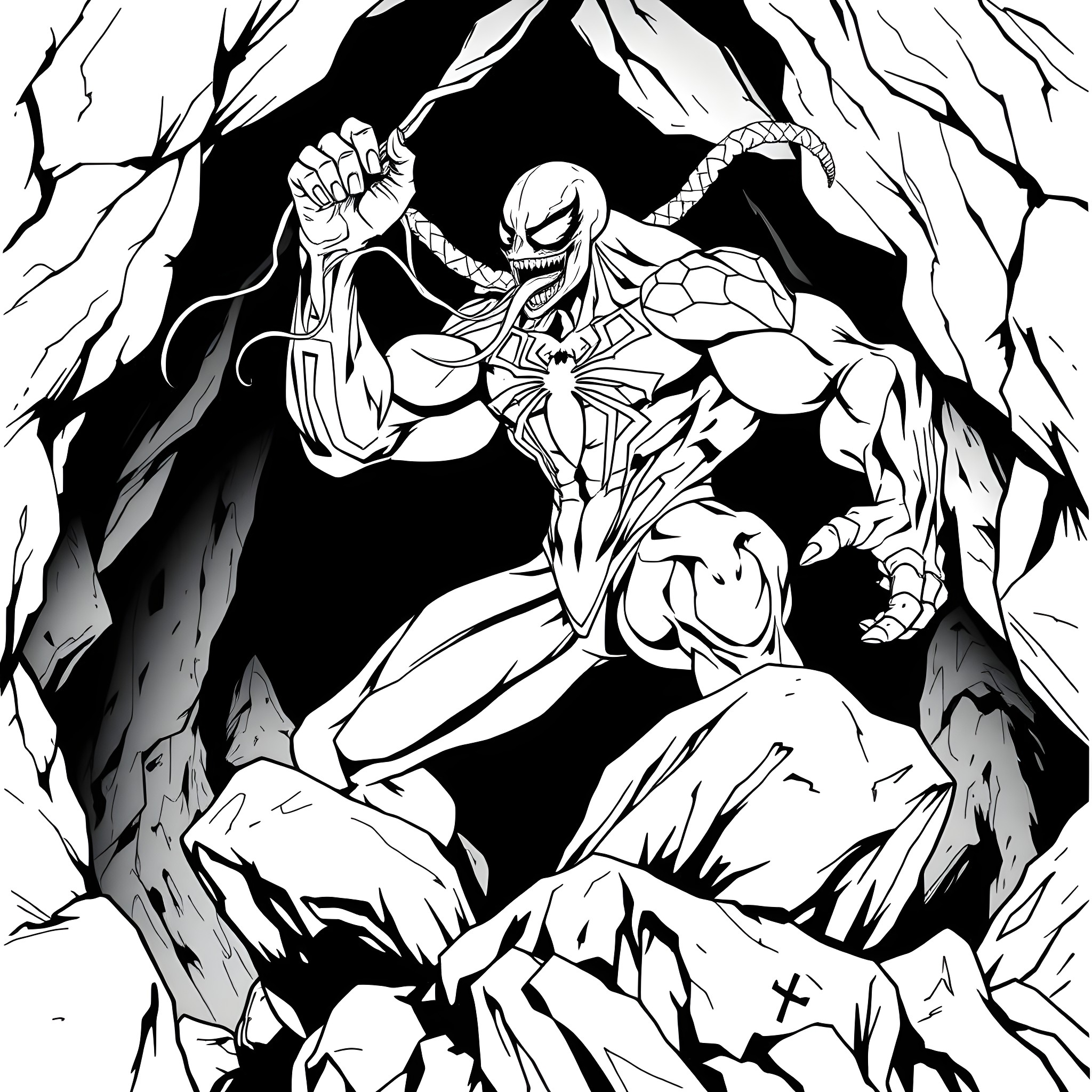 Venom unleashing its power in a dark and ominous setting Coloring Page (free black-and-white line drawing printable PDF for all, from beginners to advanced learners, including children, teens, adults, and seniors)