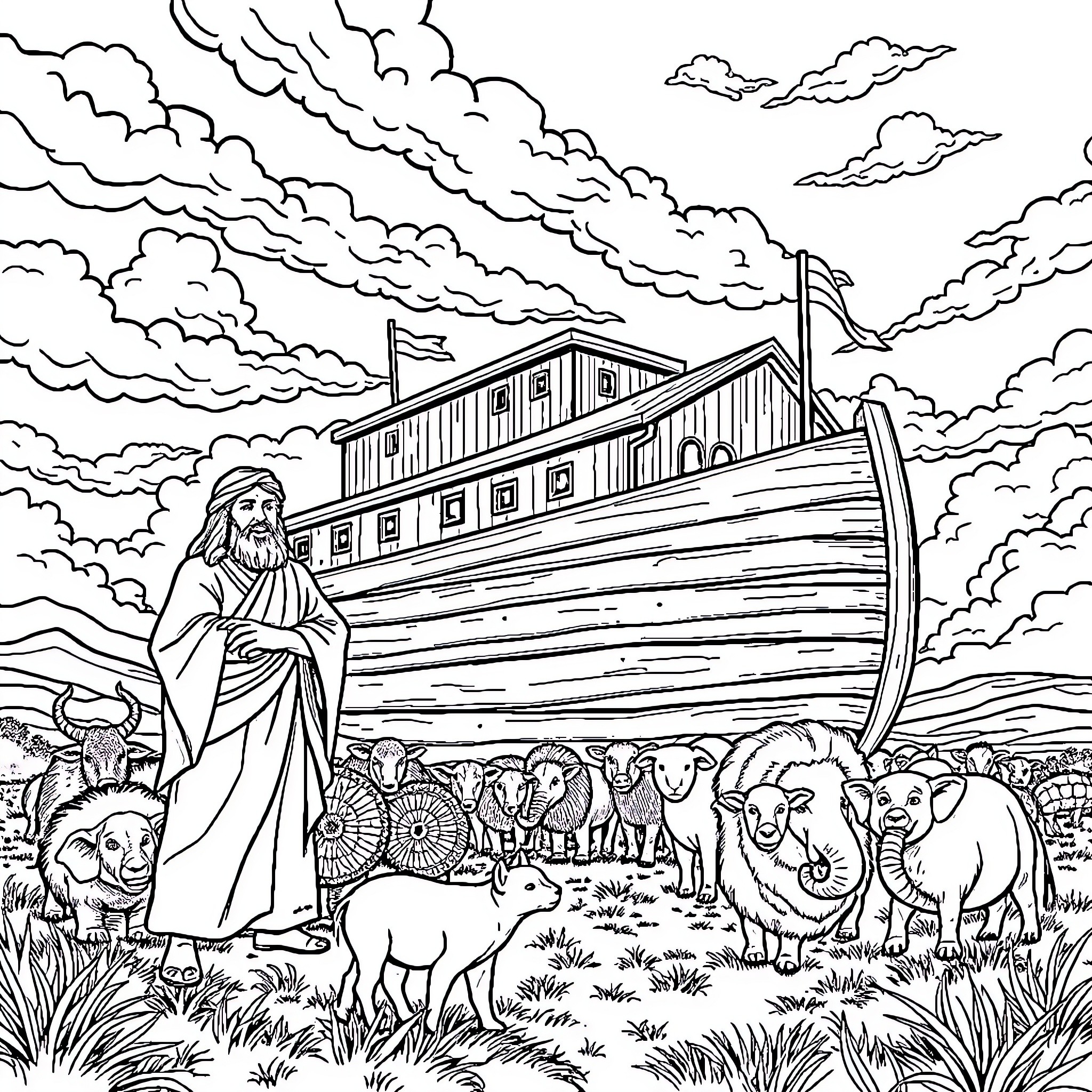 Noah's Ark Guided by Faith Through the Stormy Skies Coloring Page (free black-and-white line drawing printable PDF for all, from beginners to advanced learners, including children, teens, adults, and seniors)