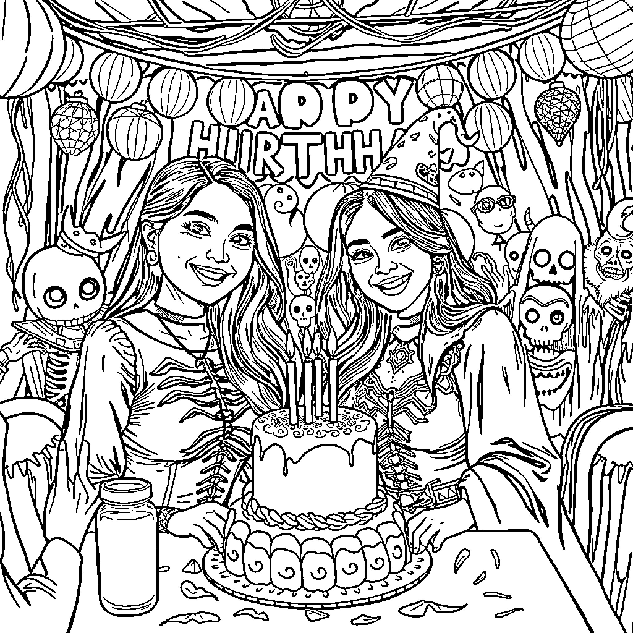 Atrizes celebrating joyfully at a birthday party Coloring Page (free black-and-white line drawing printable PDF for all, from beginners to advanced learners, including children, teens, adults, and seniors)