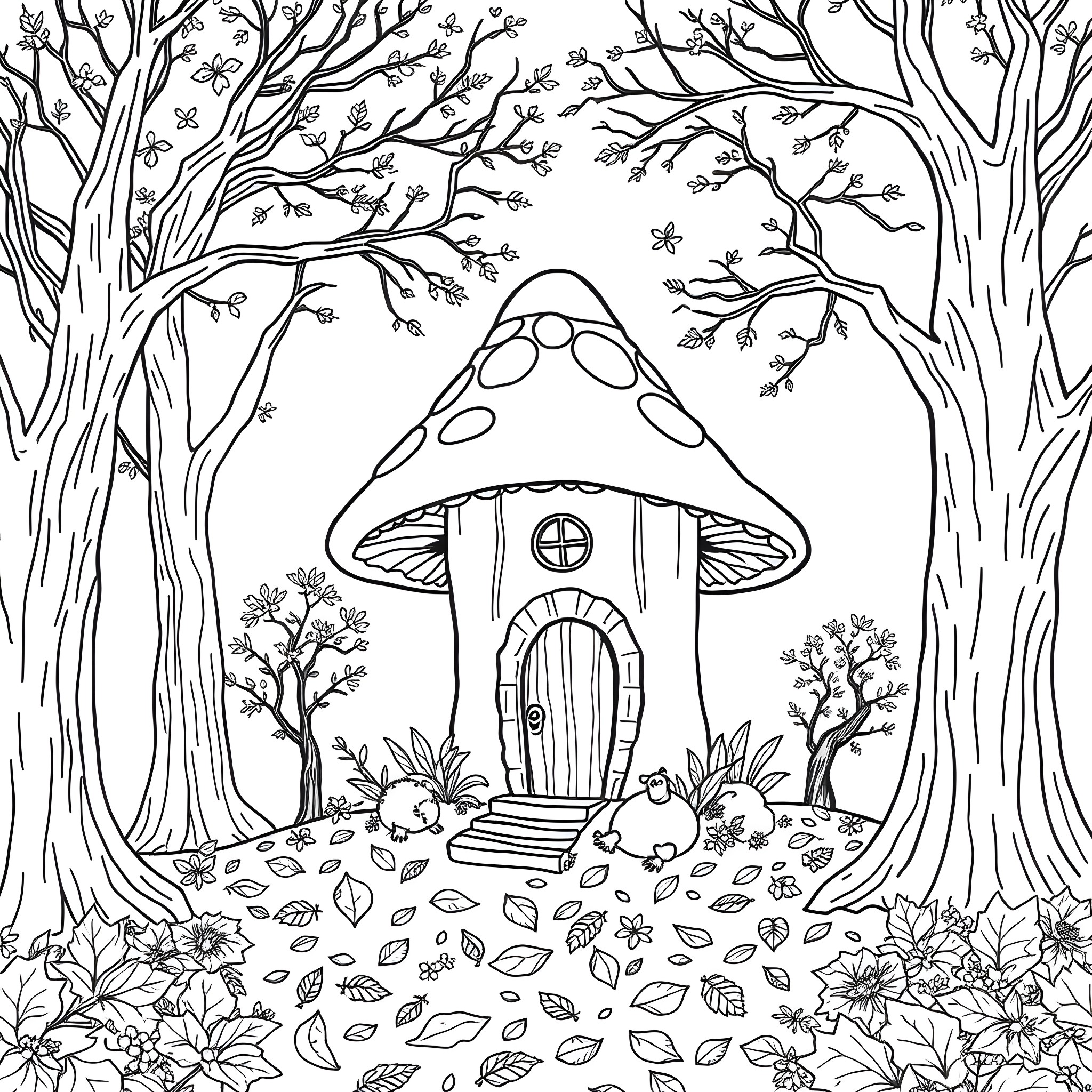 Mushroom House in Enchanted Forest Coloring Page (free black-and-white line drawing printable PDF for all, from beginners to advanced learners, including children, teens, adults, and seniors)