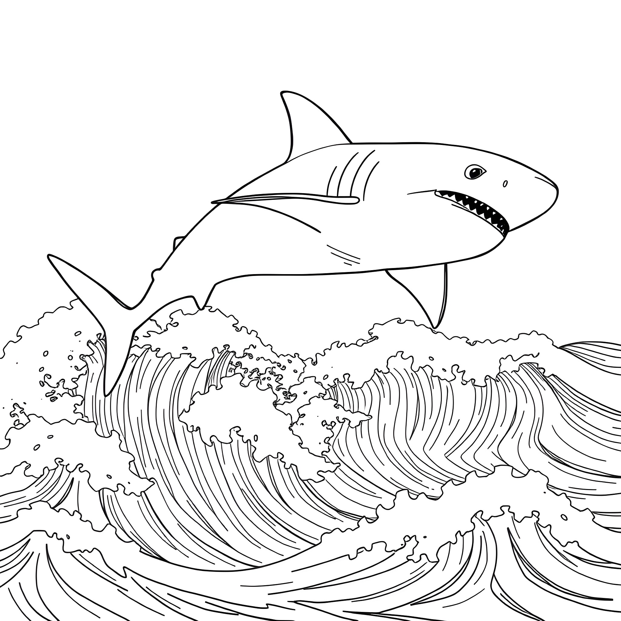 Shark swimming through raging waves Coloring Page (free black-and-white line drawing printable PDF for all, from beginners to advanced learners, including children, teens, adults, and seniors)