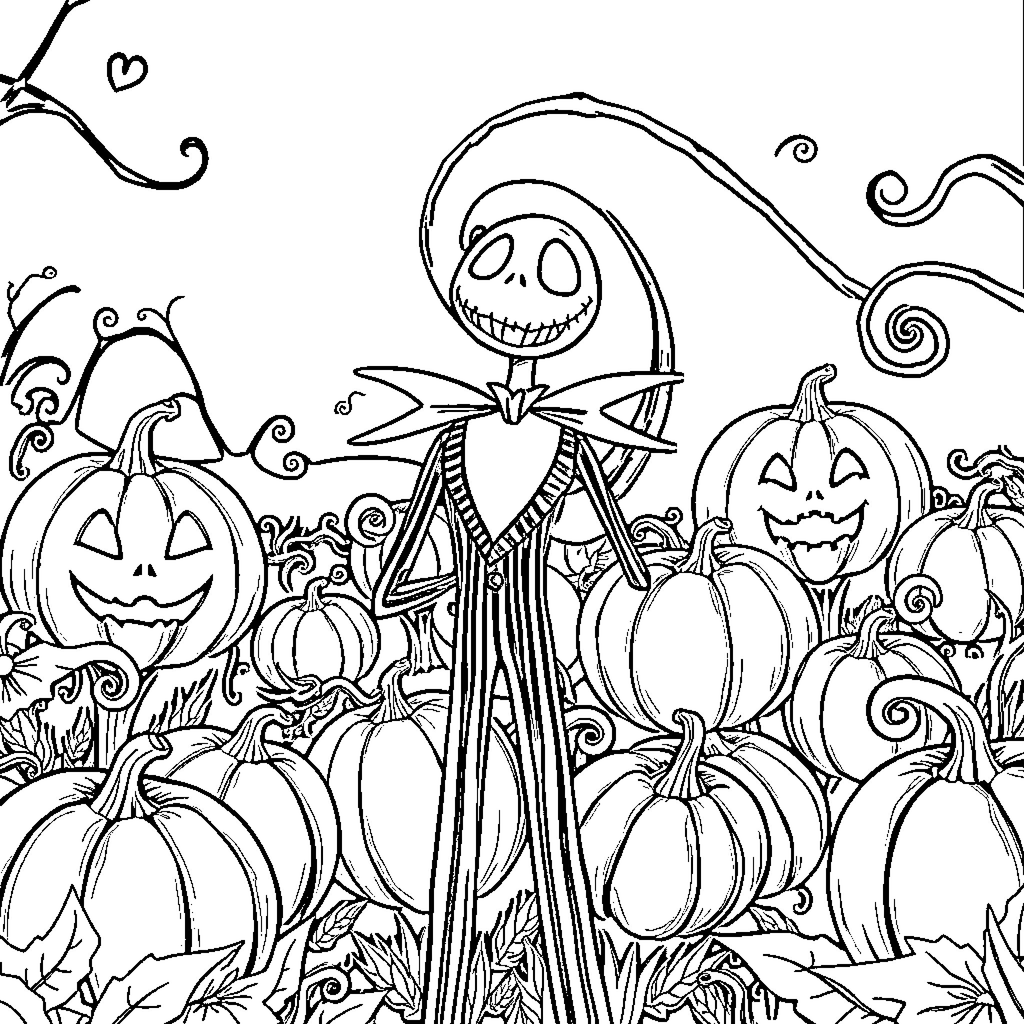 Jack Skellington among pumpkins and spooky decorations Coloring Page (free black-and-white line drawing printable PDF for all, from beginners to advanced learners, including children, teens, adults, and seniors)