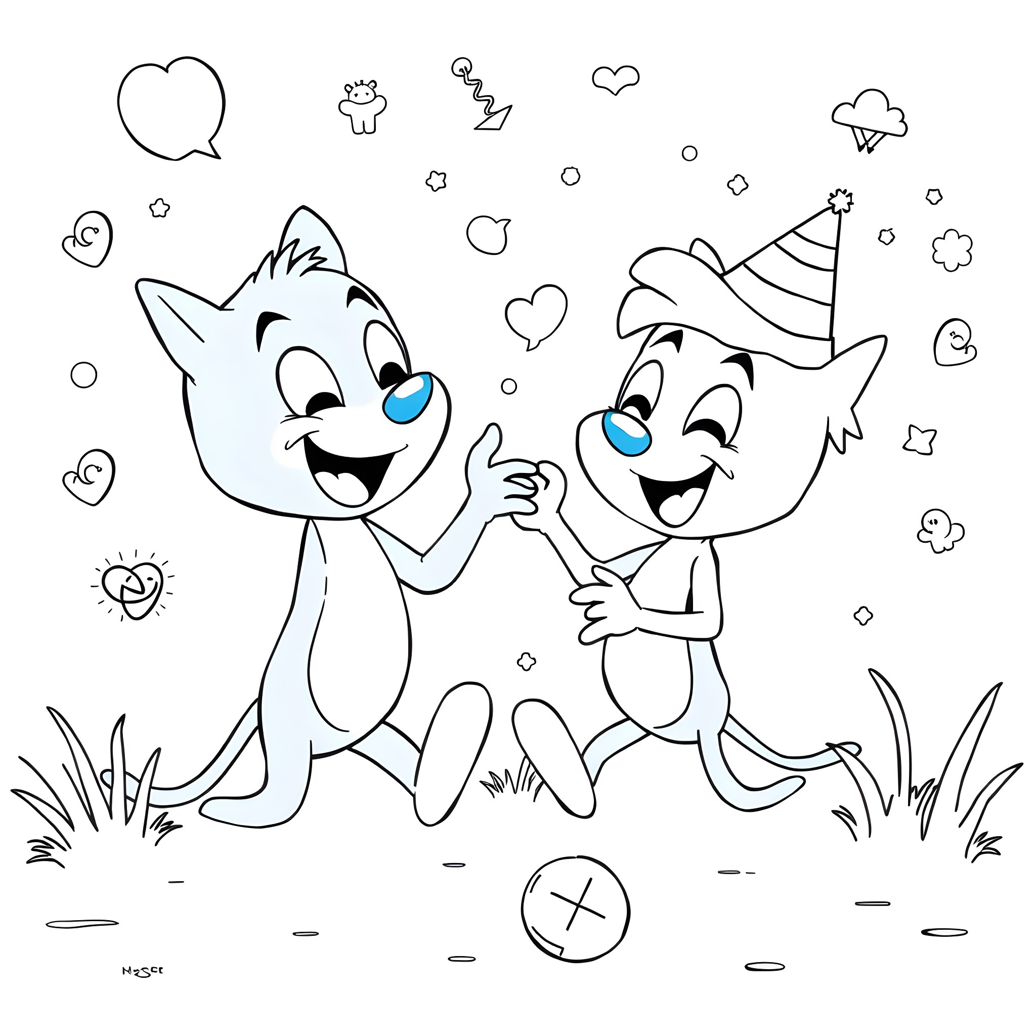 Bluey characters playing and celebrating happily Coloring Page (free black-and-white line drawing printable PDF for all, from beginners to advanced learners, including children, teens, adults, and seniors)