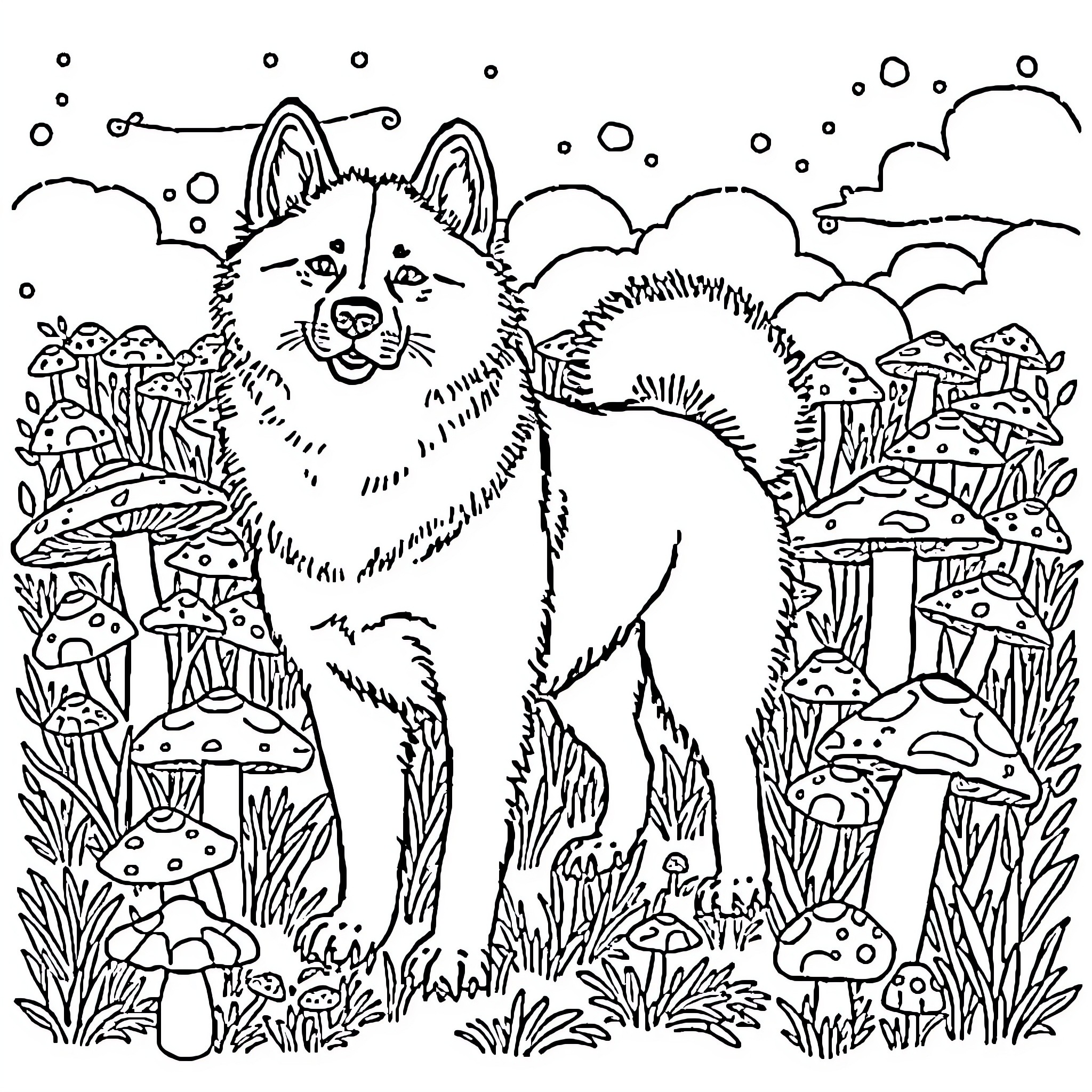 Akita exploring the enchanted forest Coloring Page (free black-and-white line drawing printable PDF for all, from beginners to advanced learners, including children, teens, adults, and seniors)