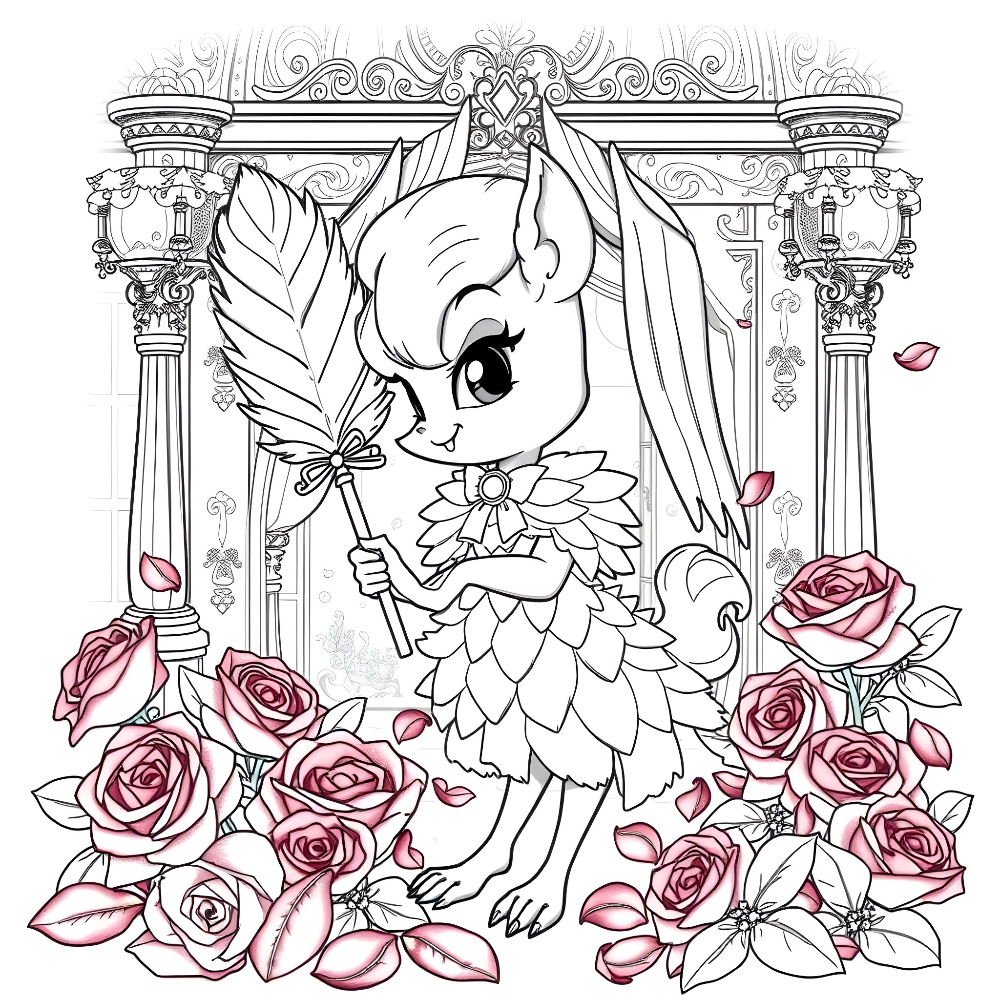 Bird-like creature surrounded by roses in ornate frame Coloring Page (free black-and-white line drawing printable PDF for all, from beginners to advanced learners, including children, teens, adults, and seniors)