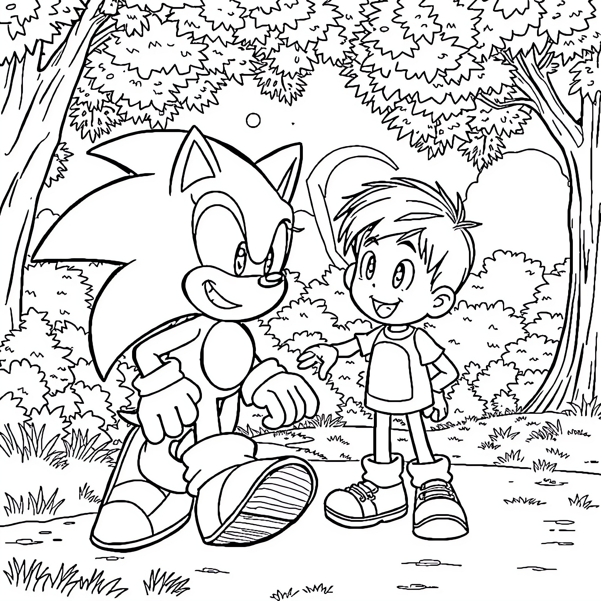 Sonic and Friends Explore the Enchanted Forest Coloring Page (free black-and-white line drawing printable PDF for all, from beginners to advanced learners, including children, teens, adults, and seniors)