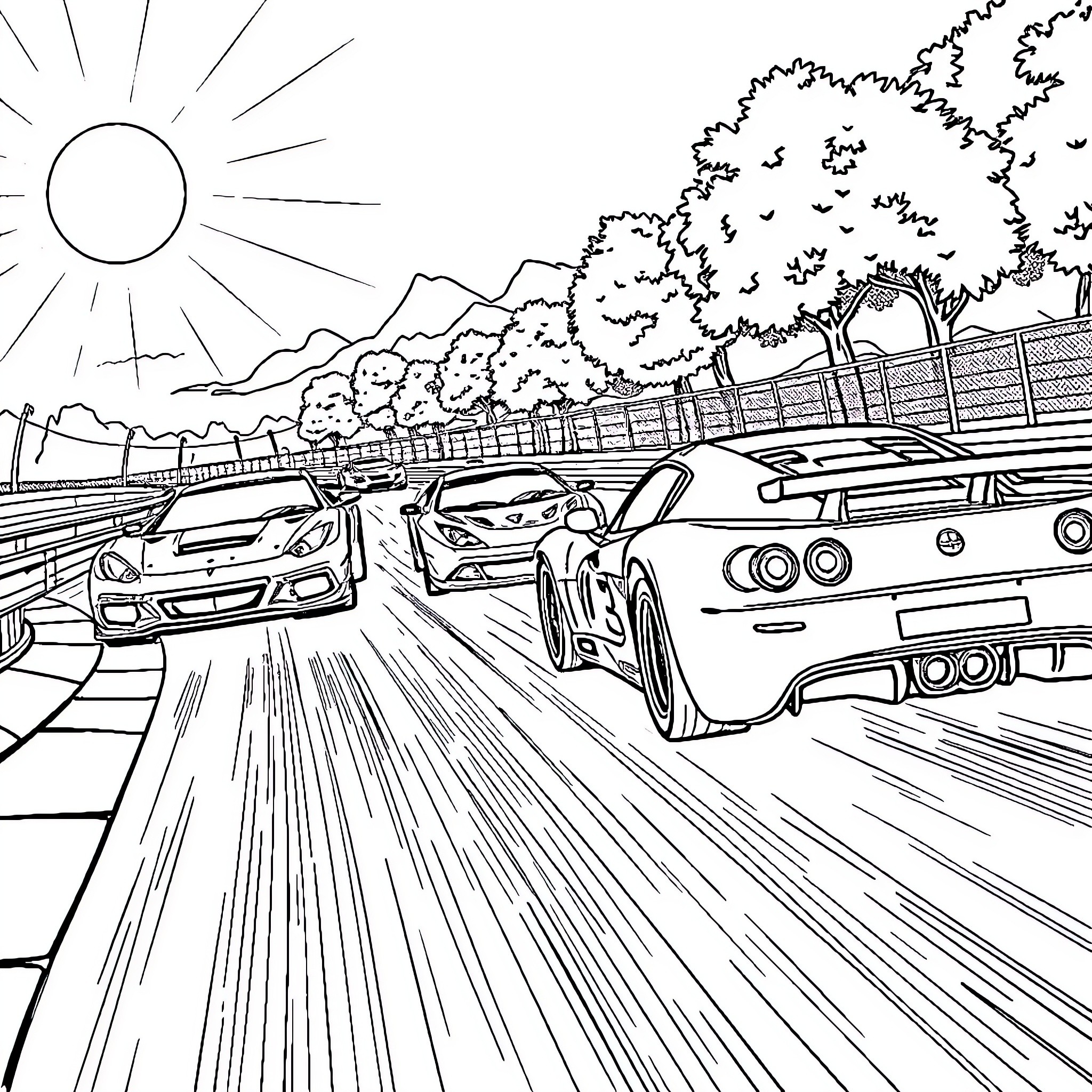 Car racing on a scenic road with mountains Coloring Page (free black-and-white line drawing printable PDF for all, from beginners to advanced learners, including children, teens, adults, and seniors)