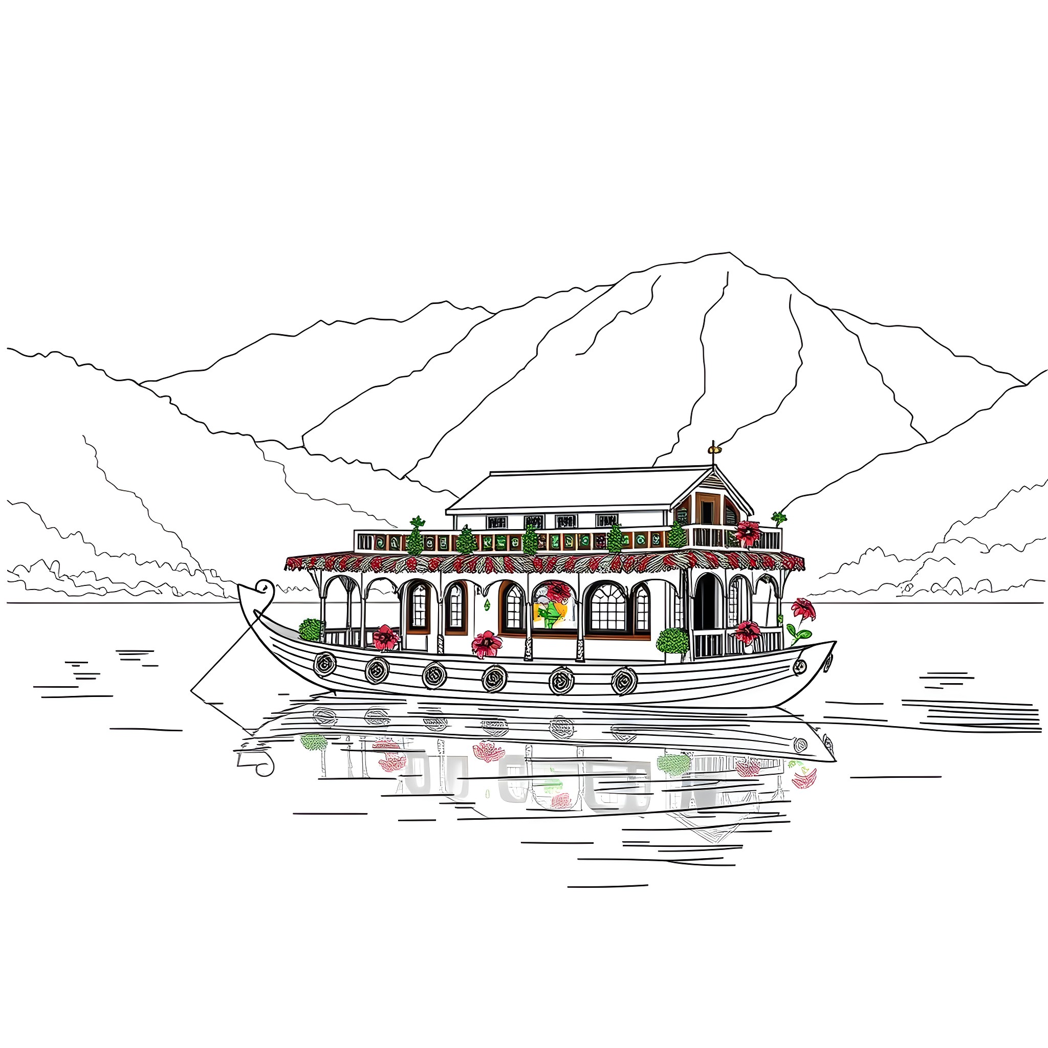 House Boat Cruising on the Serene Lake with Mountains in the Background Coloring Page (free black-and-white line drawing printable PDF for all, from beginners to advanced learners, including children, teens, adults, and seniors)
