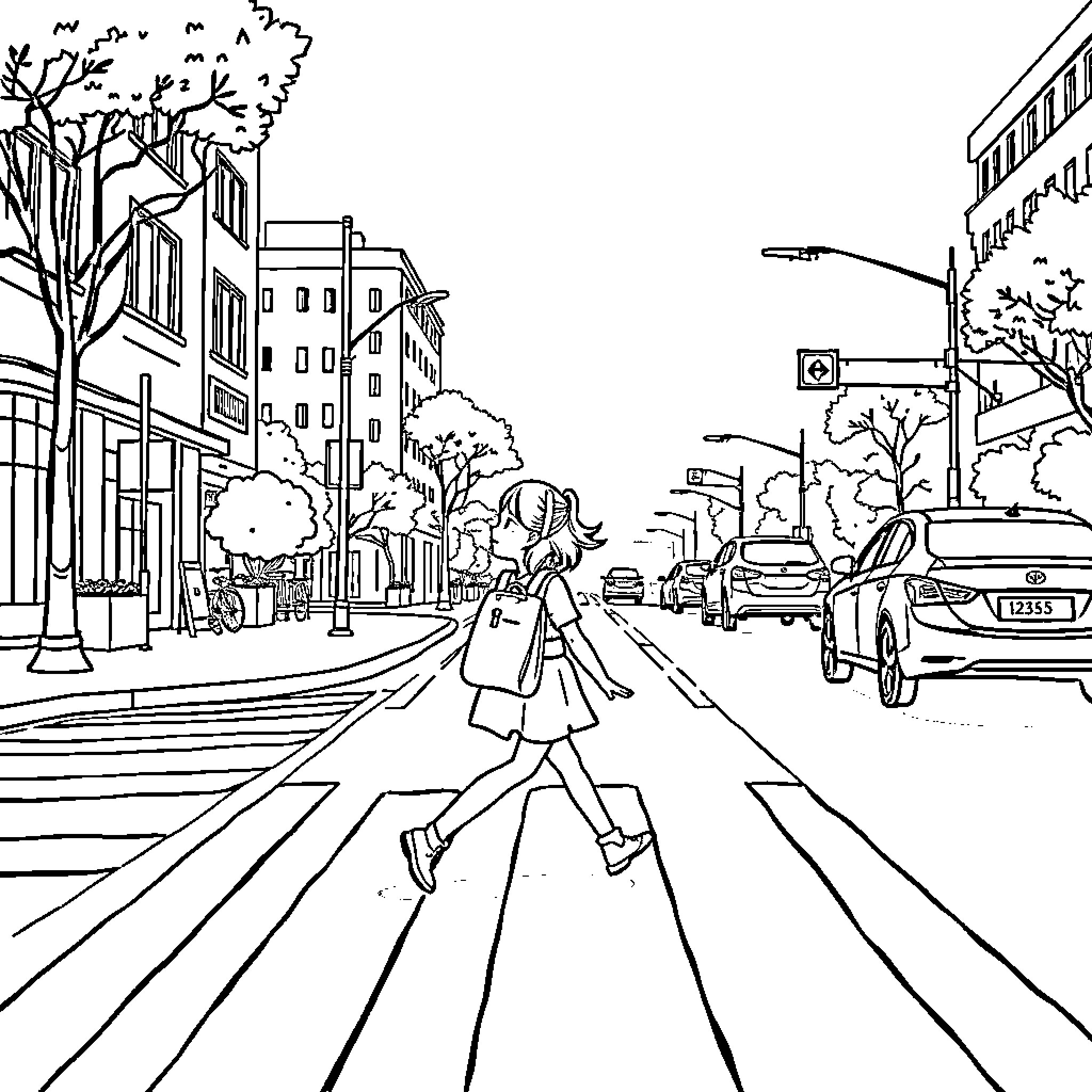 Girl Crossing the Street in Urban Setting Coloring Page (free black-and-white line drawing printable PDF for all, from beginners to advanced learners, including children, teens, adults, and seniors)