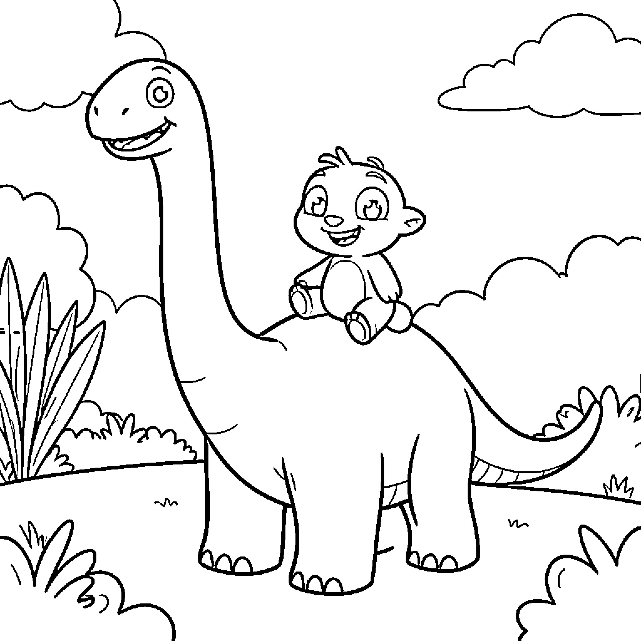 Bluey and Dinosaur Exploring the Outdoors Coloring Page (free black-and-white line drawing printable PDF for all, from beginners to advanced learners, including children, teens, adults, and seniors)