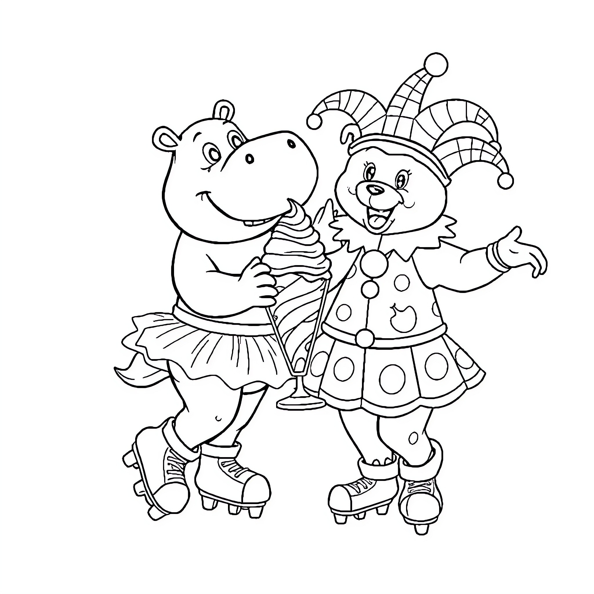 Hippo and Clown Skating Together Happily Coloring Page (free black-and-white line drawing printable PDF for all, from beginners to advanced learners, including children, teens, adults, and seniors)