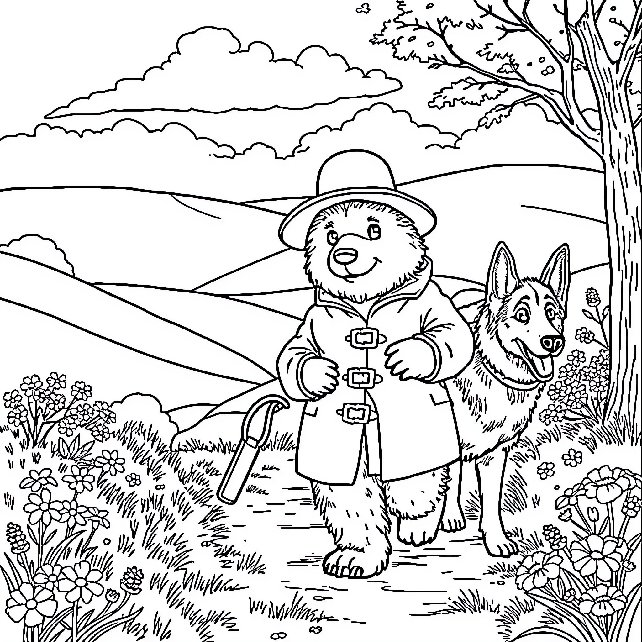 Paddington's Adventurous Outing with Furry Companion Coloring Page (free black-and-white line drawing printable PDF for all, from beginners to advanced learners, including children, teens, adults, and seniors)