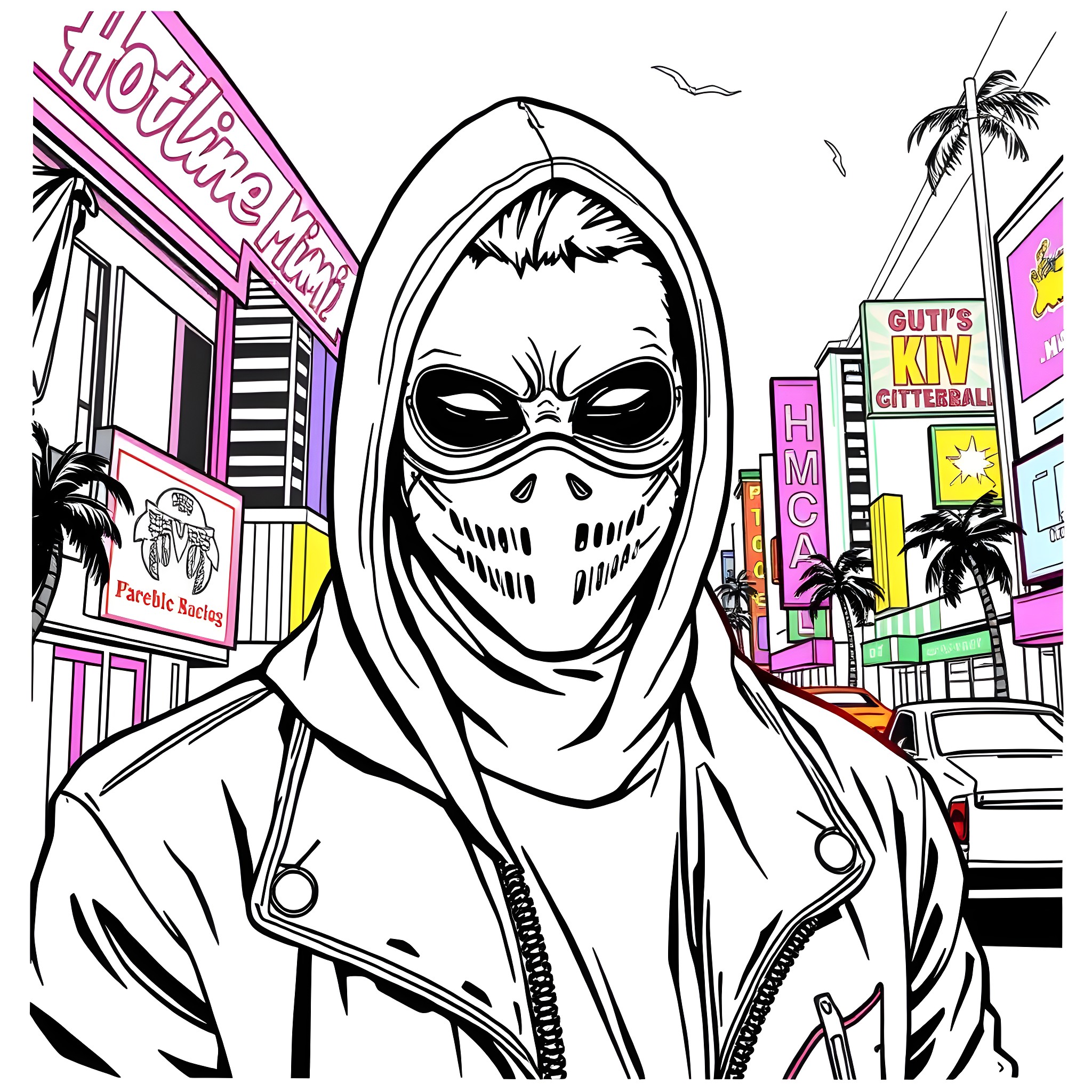 Hotline Miami - Masked Vigilante in Neon-Lit City Coloring Page (free black-and-white line drawing printable PDF for all, from beginners to advanced learners, including children, teens, adults, and seniors)