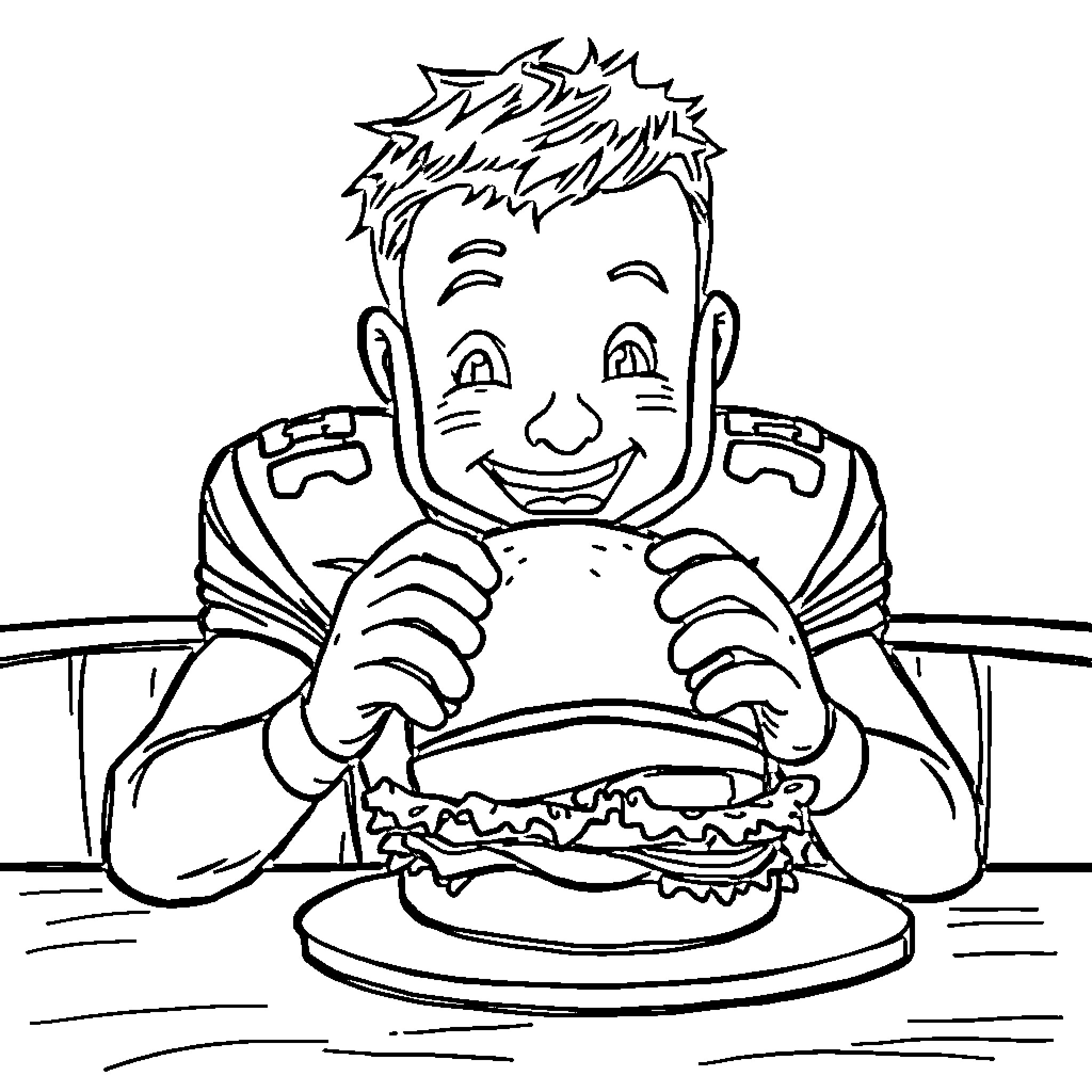 Football Player Happily Eating a Burger Coloring Page (free black-and-white line drawing printable PDF for all, from beginners to advanced learners, including children, teens, adults, and seniors)