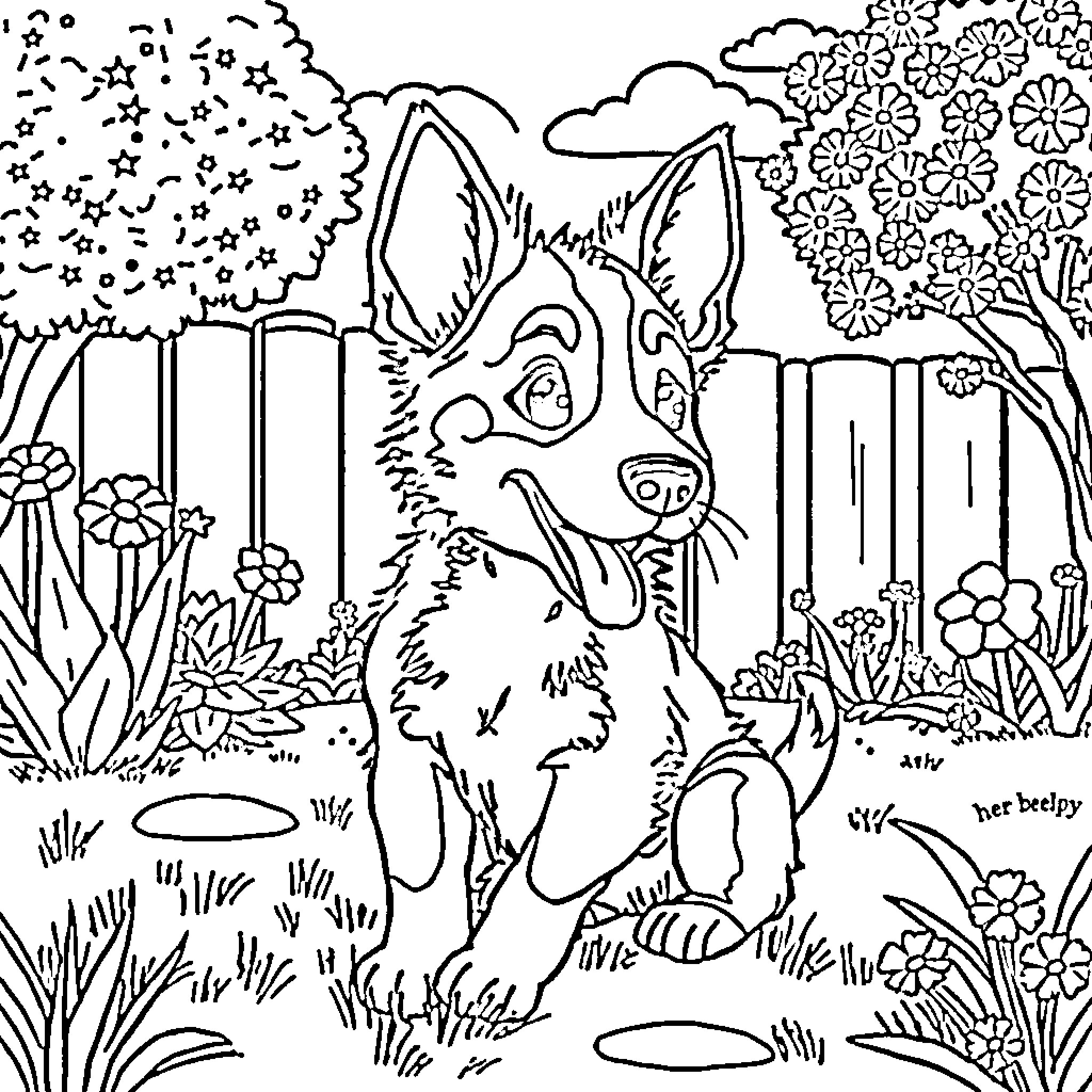 Bluey playing happily in a flower-filled garden Coloring Page (free black-and-white line drawing printable PDF for all, from beginners to advanced learners, including children, teens, adults, and seniors)
