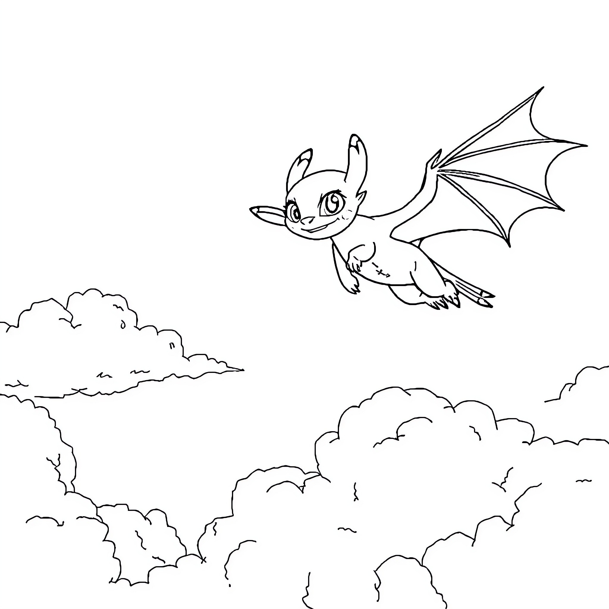 Toothless soaring through the cloudy sky Coloring Page (free black-and-white line drawing printable PDF for all, from beginners to advanced learners, including children, teens, adults, and seniors)