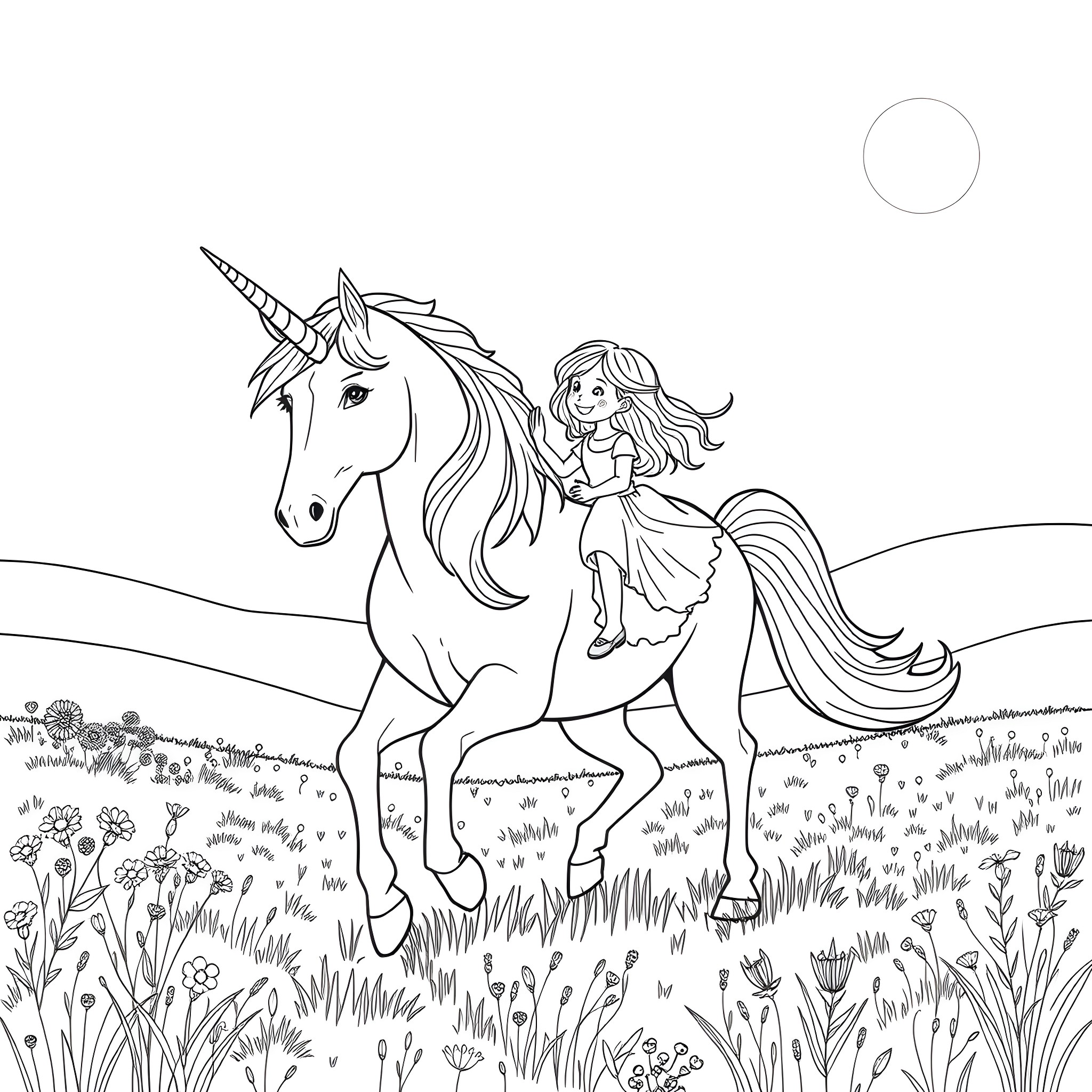 Unicorn and girl riding in magical meadow Coloring Page (free black-and-white line drawing printable PDF for all, from beginners to advanced learners, including children, teens, adults, and seniors)