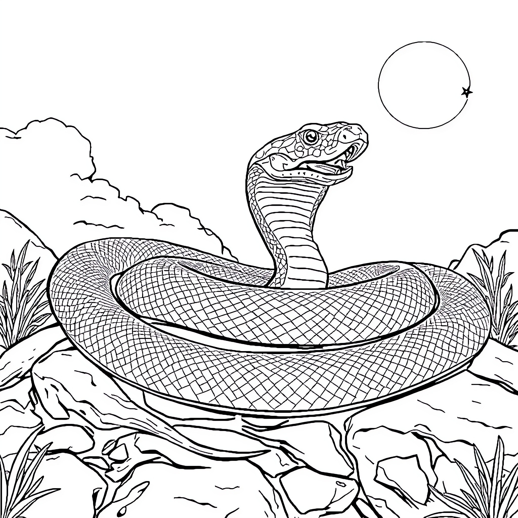King Cobra standing alert in its natural habitat Coloring Page (free black-and-white line drawing printable PDF for all, from beginners to advanced learners, including children, teens, adults, and seniors)