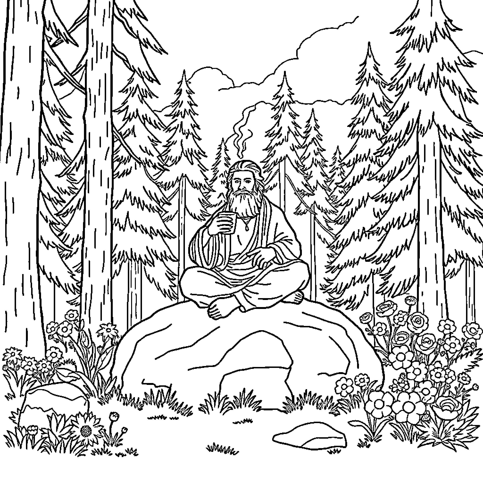 God's Solitude in the Serene Forest Coloring Page (free black-and-white line drawing printable PDF for all, from beginners to advanced learners, including children, teens, adults, and seniors)