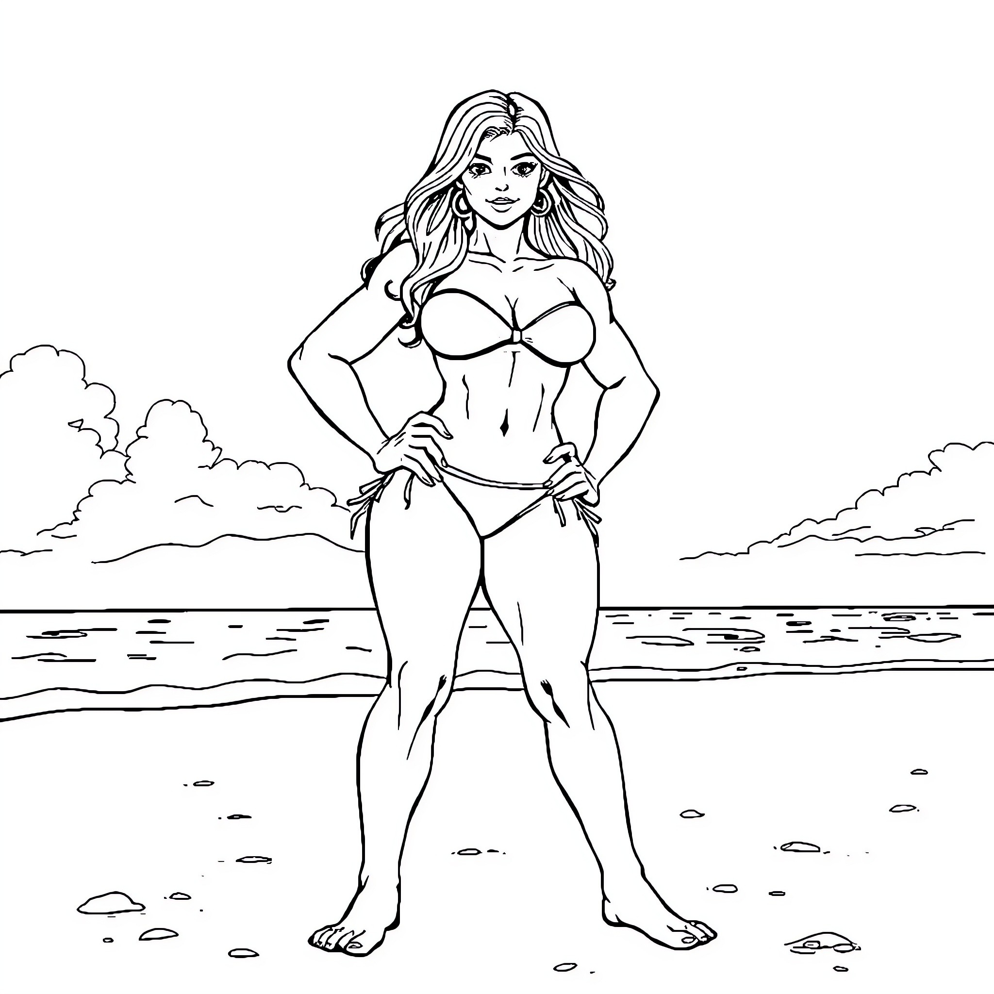 She-Hulk's Confident Beach Pose Coloring Page (free black-and-white line drawing printable PDF for all, from beginners to advanced learners, including children, teens, adults, and seniors)