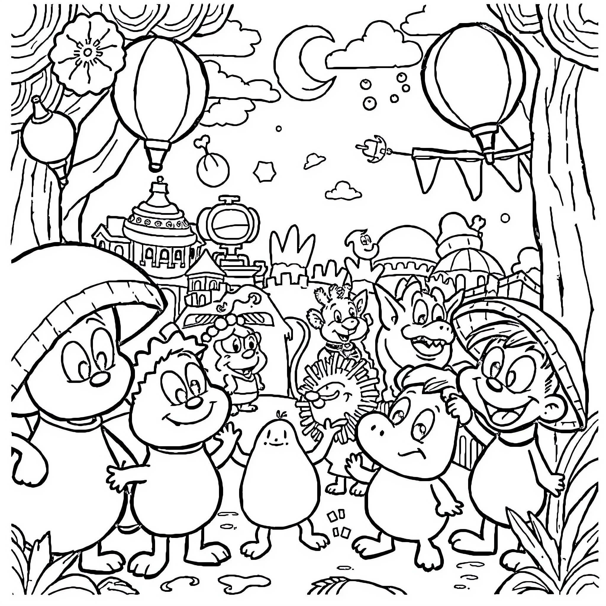 Cartoon characters celebrating festival in magical landscape Coloring Page (free black-and-white line drawing printable PDF for all, from beginners to advanced learners, including children, teens, adults, and seniors)