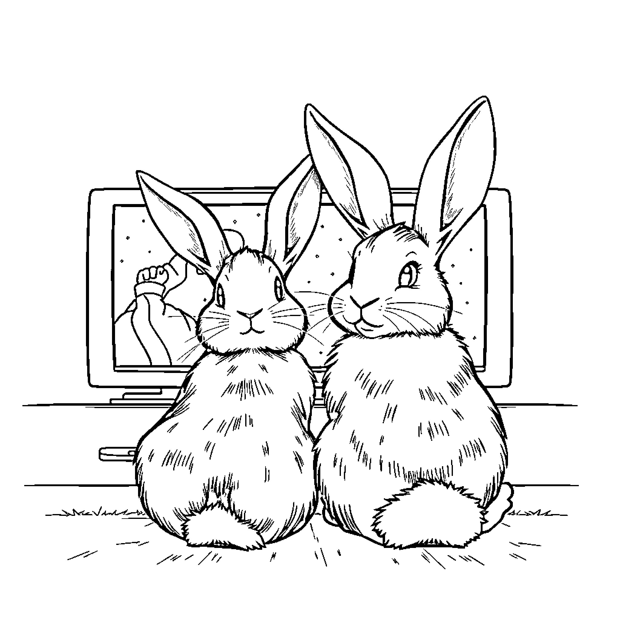 Bunny friends enjoying a cozy chat Coloring Page (free black-and-white line drawing printable PDF for all, from beginners to advanced learners, including children, teens, adults, and seniors)