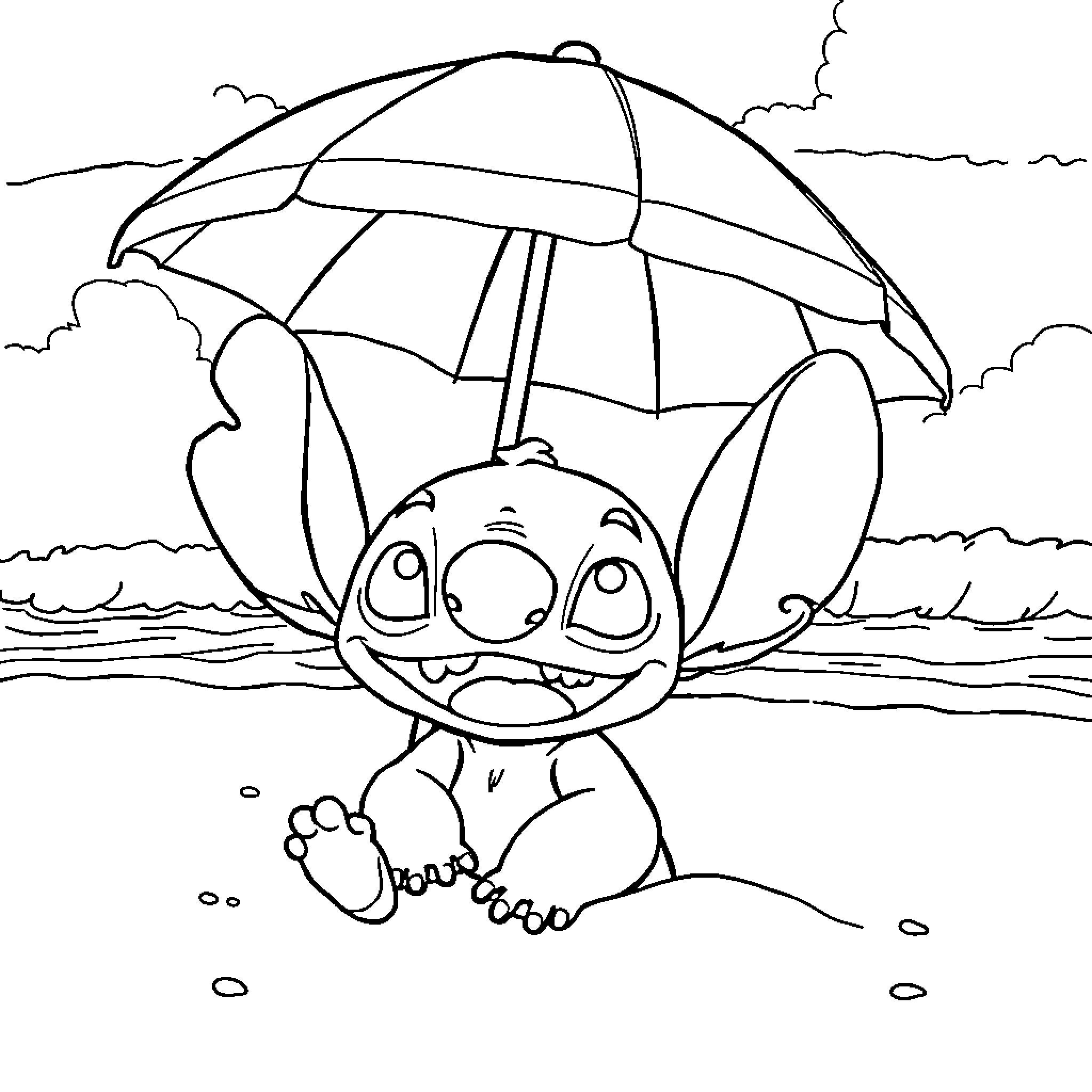 Stitch playing in the rain with umbrella Coloring Page (free black-and-white line drawing printable PDF for all, from beginners to advanced learners, including children, teens, adults, and seniors)