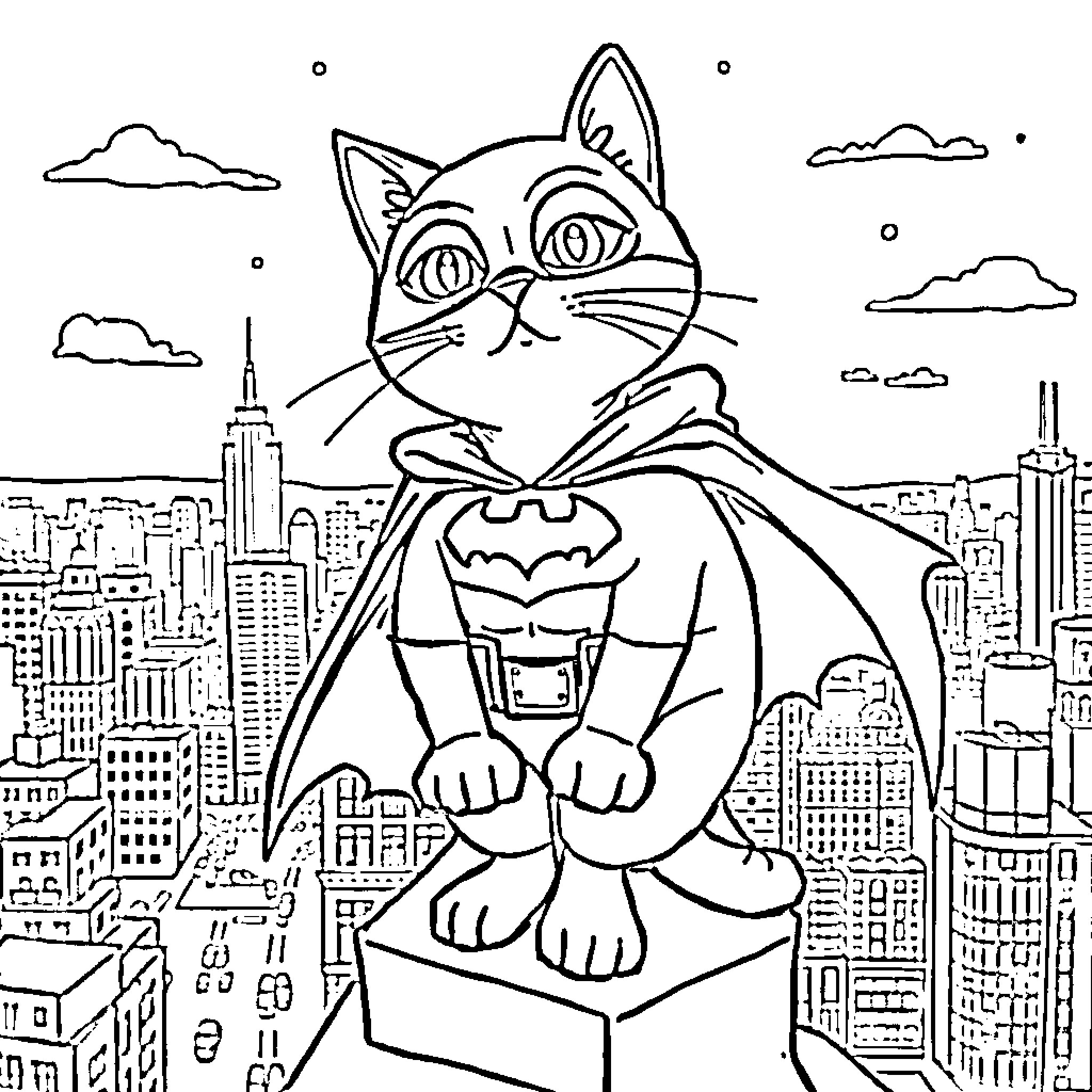 Cat superhero over the city Coloring Page (free black-and-white line drawing printable PDF for all, from beginners to advanced learners, including children, teens, adults, and seniors)