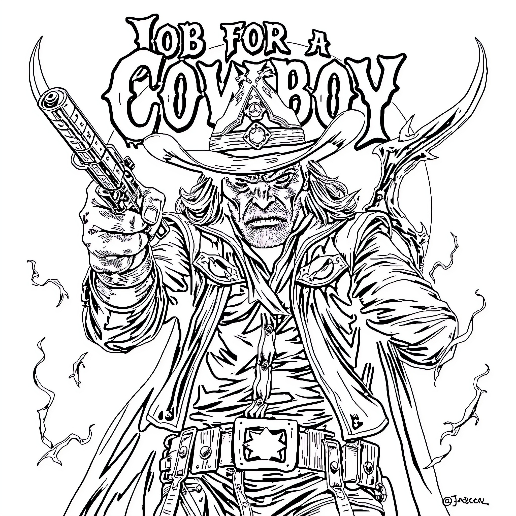 Cowboy with guns drawn in intense action scene Coloring Page (free black-and-white line drawing printable PDF for all, from beginners to advanced learners, including children, teens, adults, and seniors)