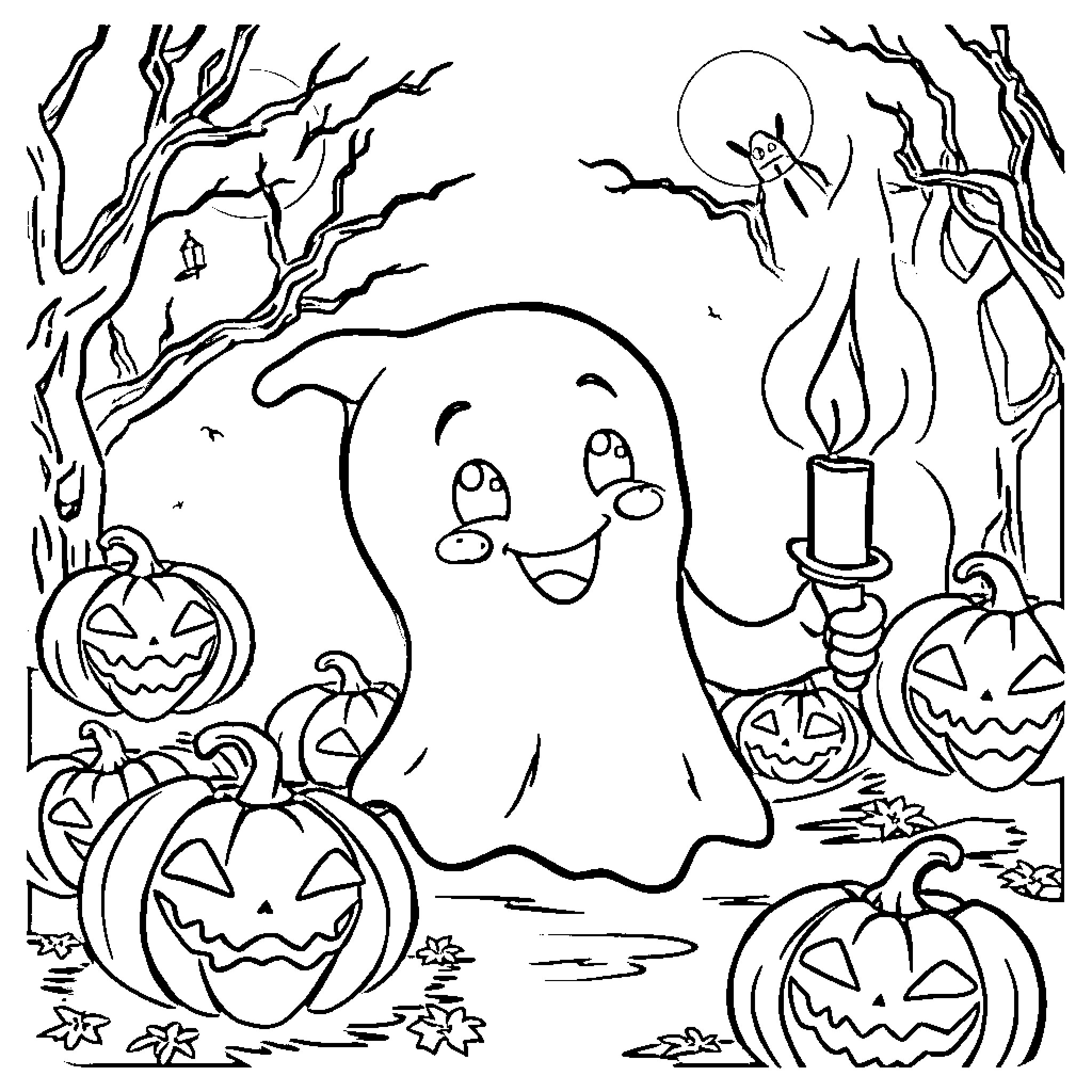Ghost Playing with Pumpkins in Spooky Forest Coloring Page (free black-and-white line drawing printable PDF for all, from beginners to advanced learners, including children, teens, adults, and seniors)