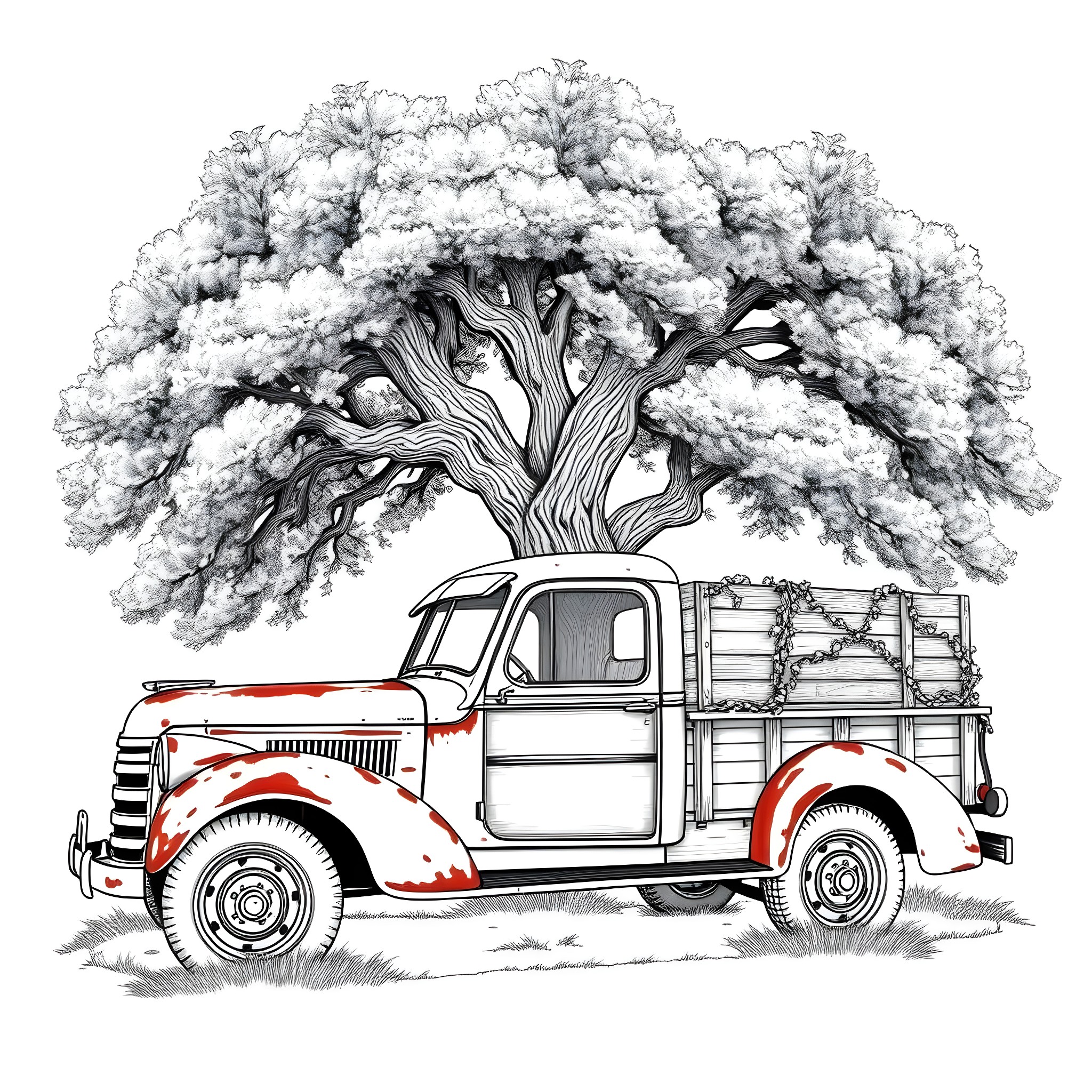 Truck transporting logs under snowy tree Coloring Page (free black-and-white line drawing printable PDF for all, from beginners to advanced learners, including children, teens, adults, and seniors)