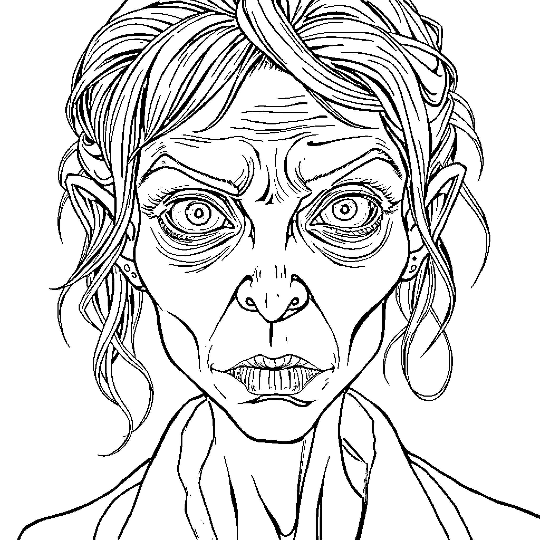 Woman with intense, expressive facial features Coloring Page (free black-and-white line drawing printable PDF for all, from beginners to advanced learners, including children, teens, adults, and seniors)