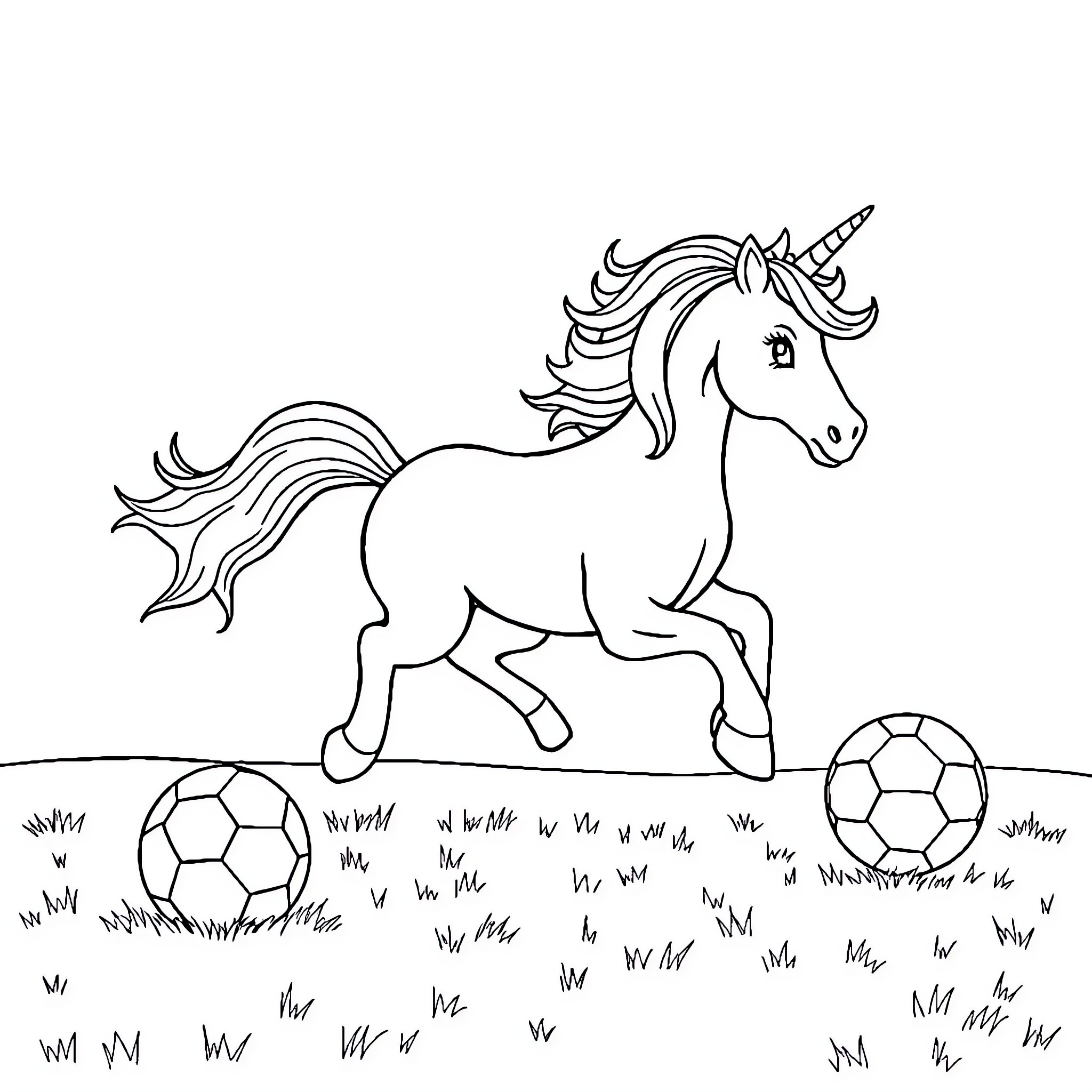 Unicorn playing in a field with soccer balls Coloring Page (free black-and-white line drawing printable PDF for all, from beginners to advanced learners, including children, teens, adults, and seniors)
