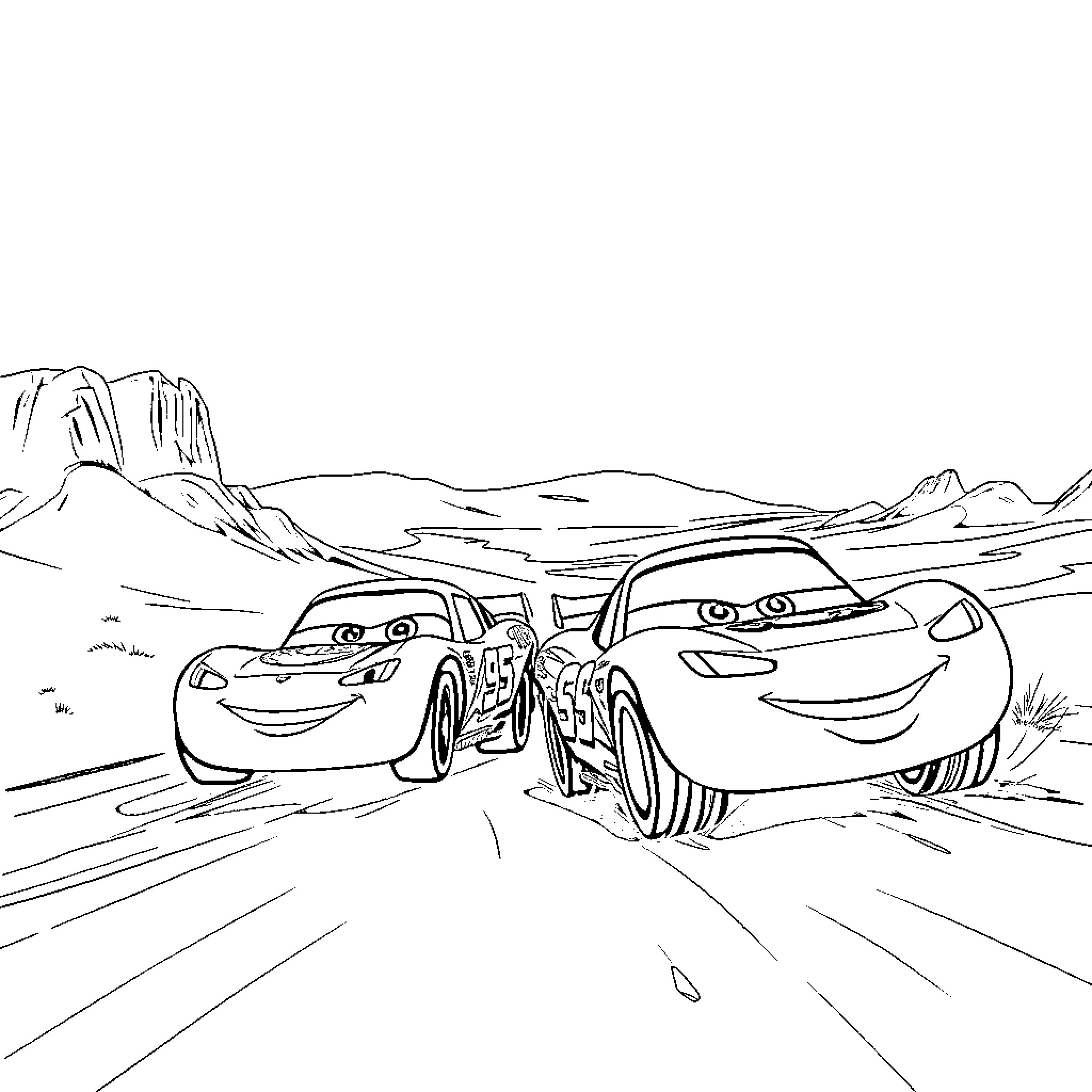 McQueen racing cars on desert road Coloring Page (free black-and-white line drawing printable PDF for all, from beginners to advanced learners, including children, teens, adults, and seniors)