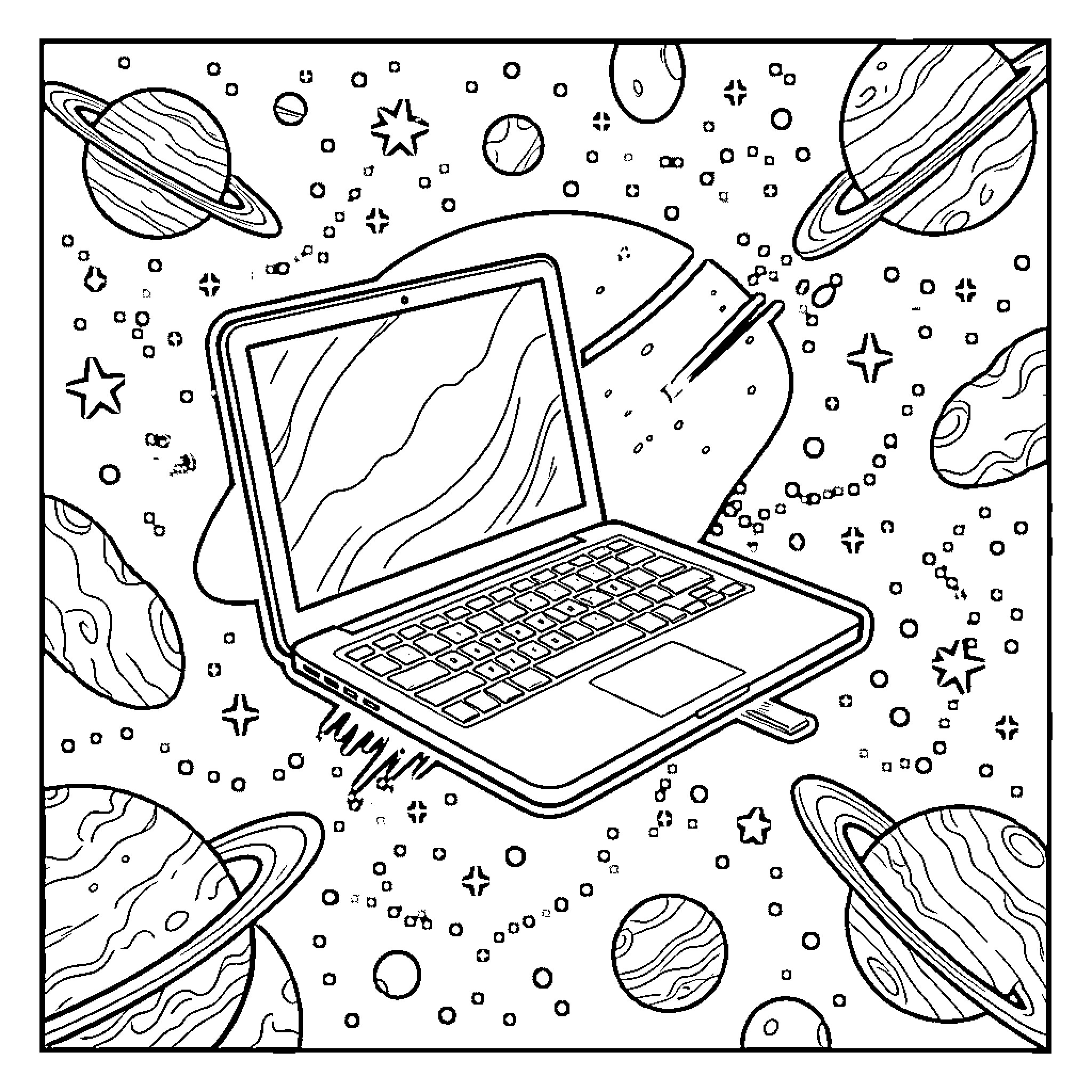 Laptop floating among planets and stars in outer space Coloring Page (free black-and-white line drawing printable PDF for all, from beginners to advanced learners, including children, teens, adults, and seniors)