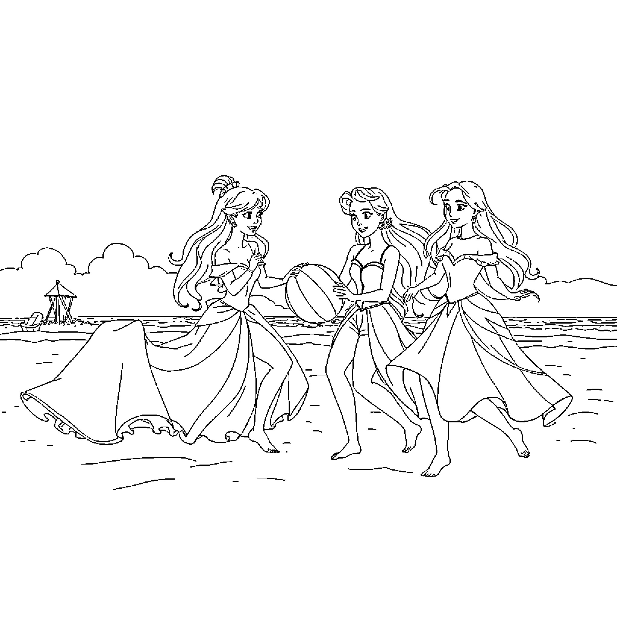 Disney Princesses enjoying a day at the beach Coloring Page (free black-and-white line drawing printable PDF for all, from beginners to advanced learners, including children, teens, adults, and seniors)