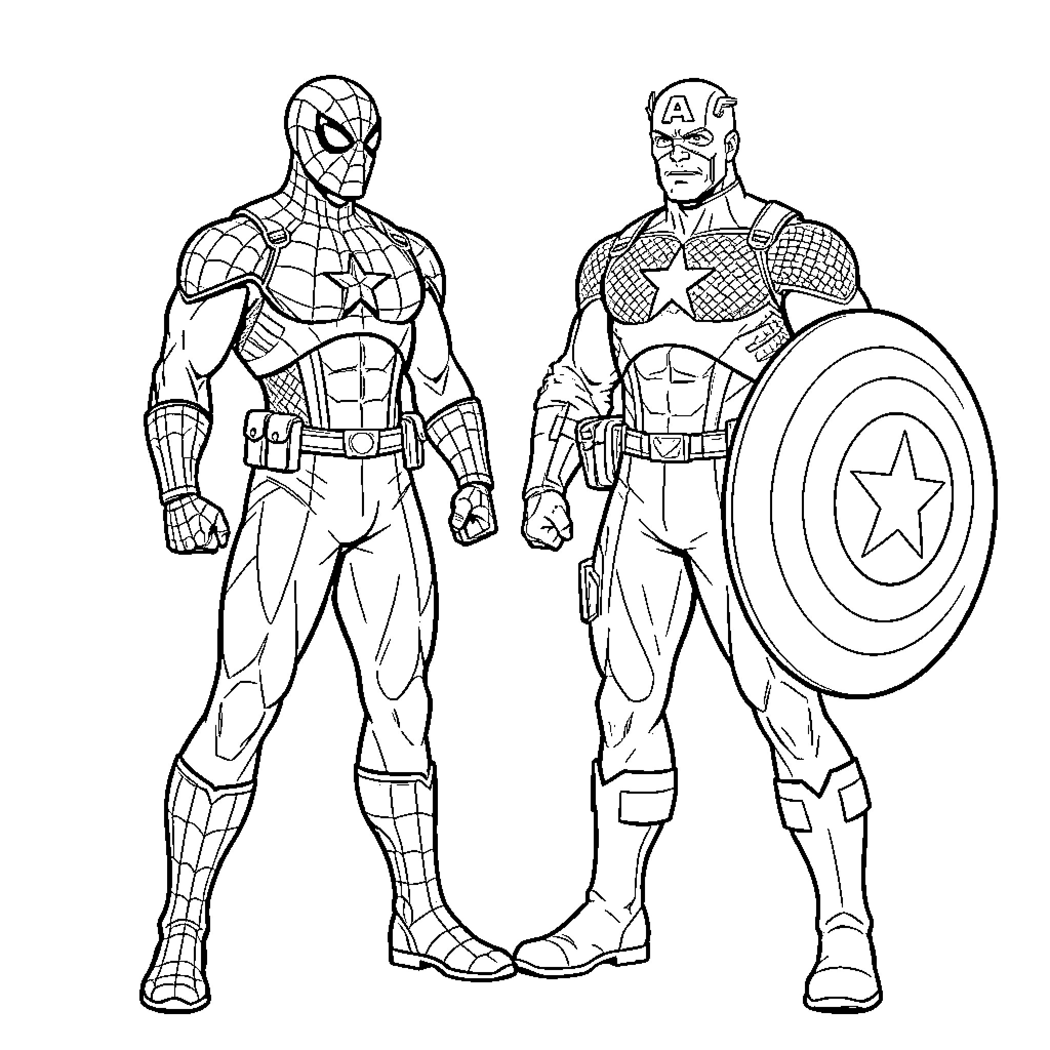 Spiderman and Captain America in heroic poses Coloring Page (free black-and-white line drawing printable PDF for all, from beginners to advanced learners, including children, teens, adults, and seniors)