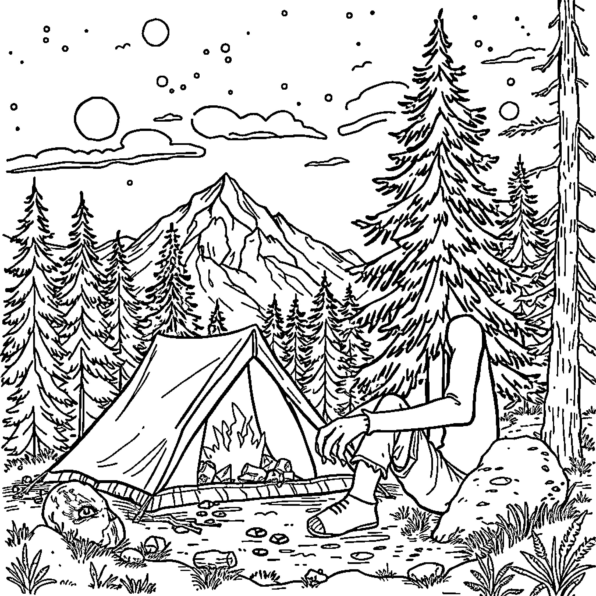 Frankenstein's Nighttime Wilderness Camping Adventure Coloring Page (free black-and-white line drawing printable PDF for all, from beginners to advanced learners, including children, teens, adults, and seniors)