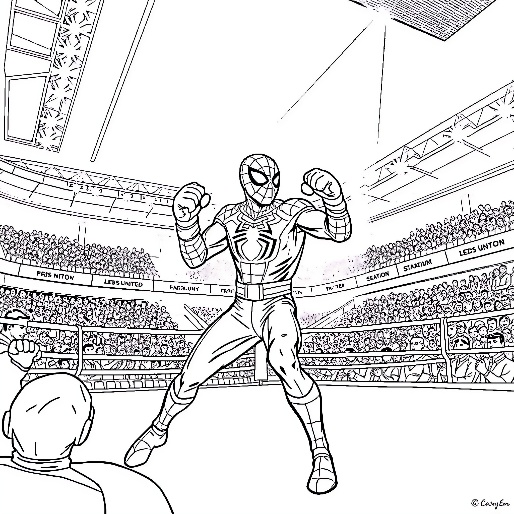Spider-Man Performing Heroic Stunts for Cheering Crowd Coloring Page (free black-and-white line drawing printable PDF for all, from beginners to advanced learners, including children, teens, adults, and seniors)