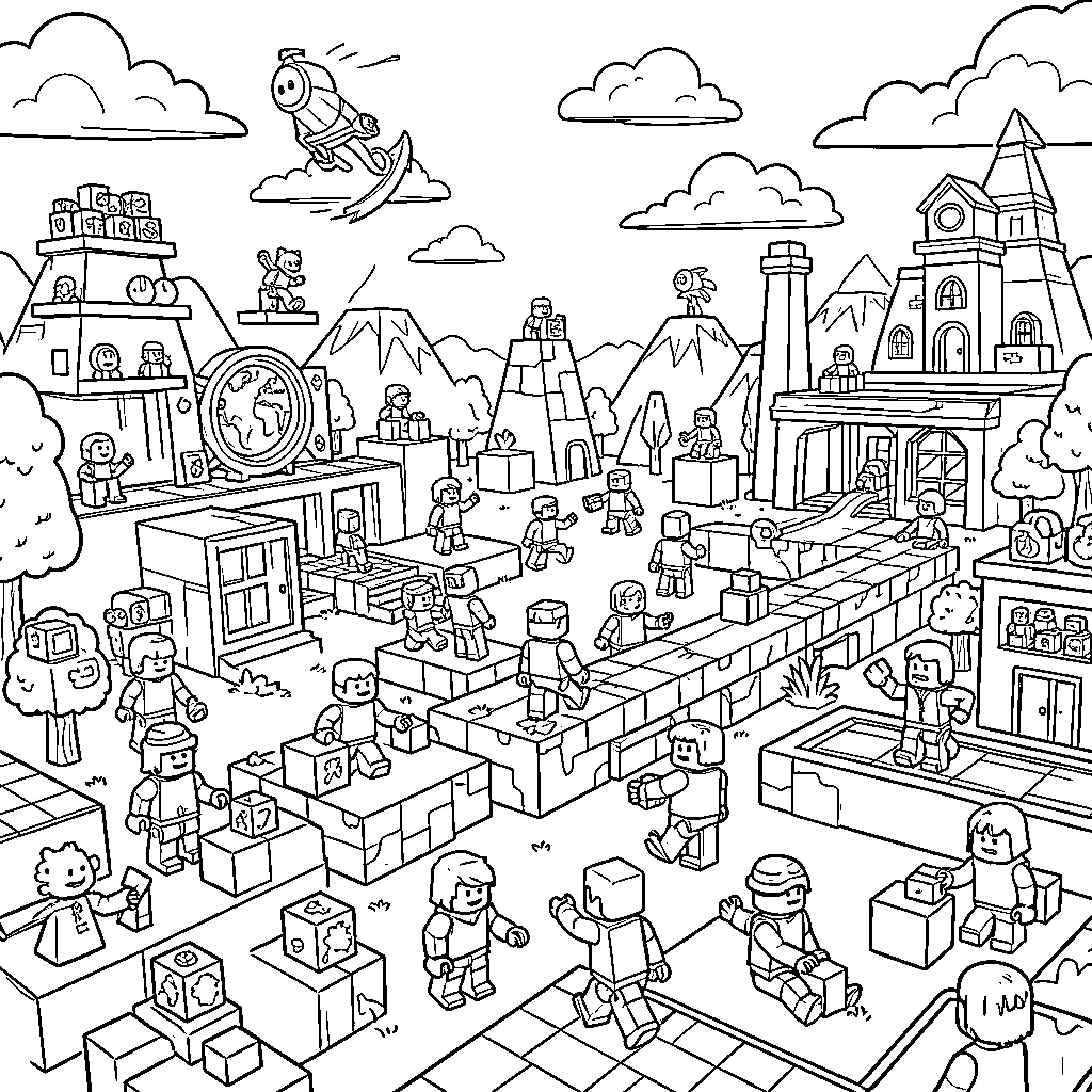 Roblox Characters Exploring Imaginative Cityscape Coloring Page (free black-and-white line drawing printable PDF for all, from beginners to advanced learners, including children, teens, adults, and seniors)