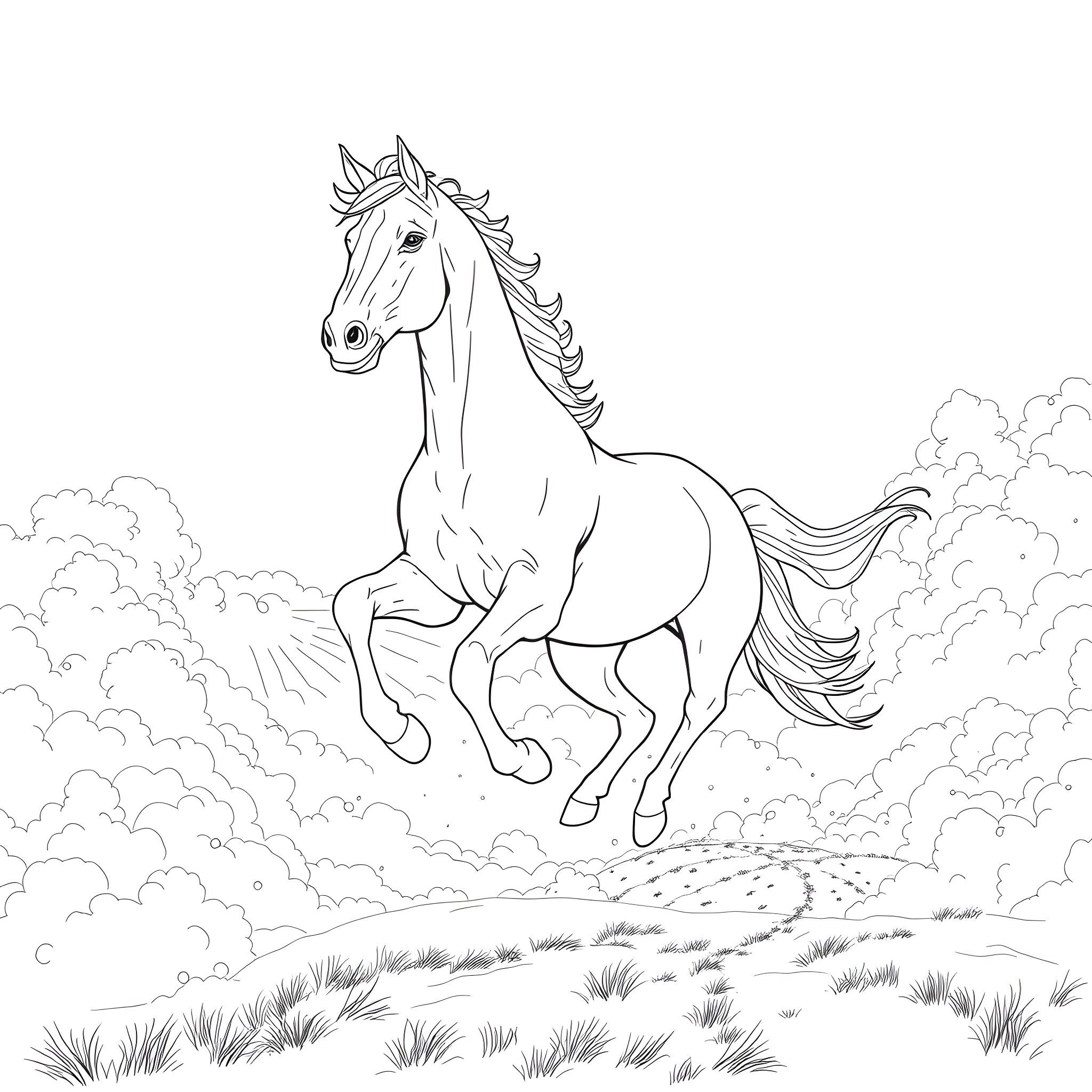 Thoroughbred Horse Galloping Through the Meadow Coloring Page (free black-and-white line drawing printable PDF for all, from beginners to advanced learners, including children, teens, adults, and seniors)